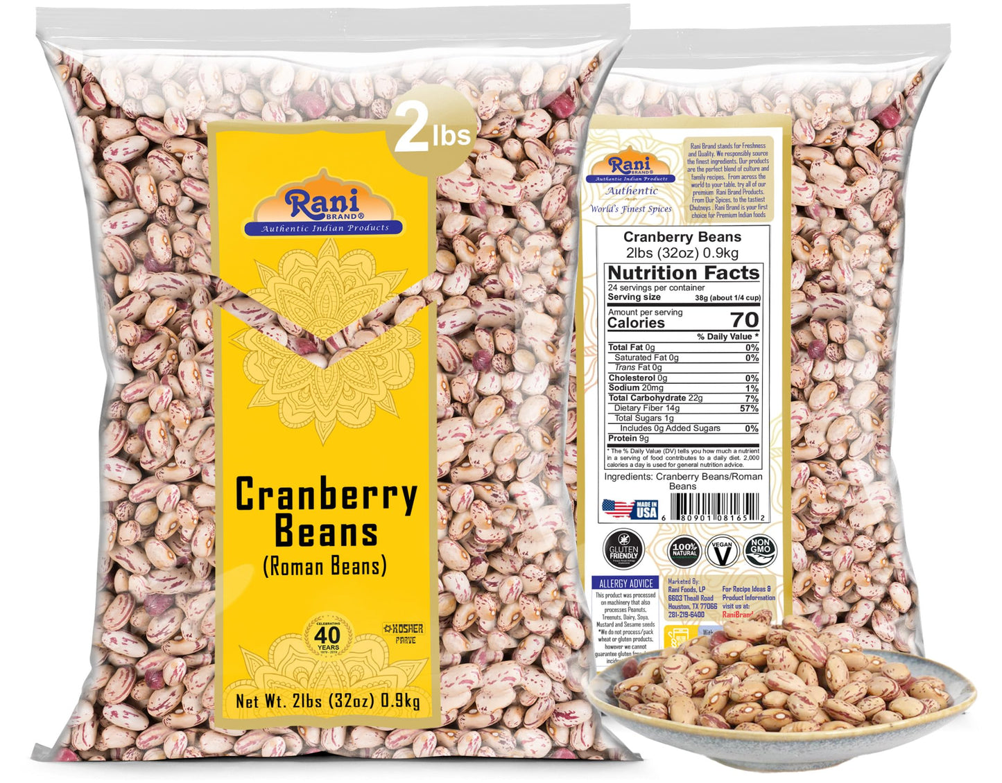 Rani Cranberry Beans (Roman Beans) 32Oz (2Lbs) 908G ~ All Natural | Vegan | Gluten Friendly | Non-Gmo | Kosher | Product Of Usa