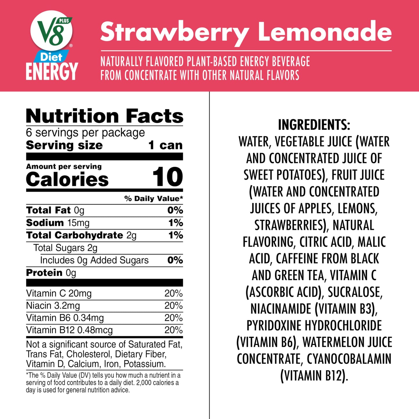 V8 +Energy Diet Strawberry Lemonade Juice Energy Drink, 8 fl oz Can (6 Pack)
