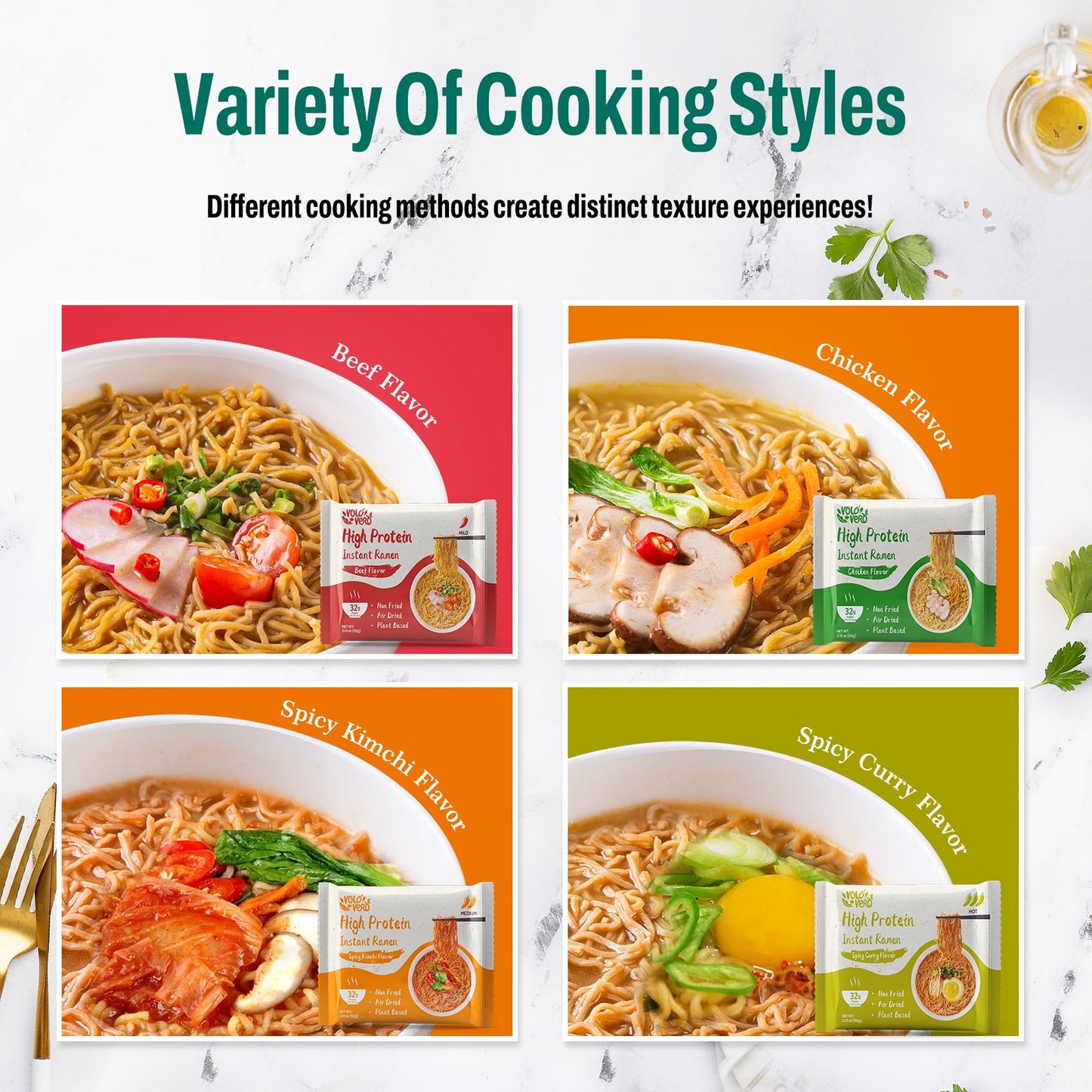 VOLO VERO Protein (32g) Ramen Variety Pack - Chicken  Spicy Beef  Kimchi  Curry   8 Packs Instant High Protein Ramen Noodles Soup  Plant-Based  Non-Fried  Vegan  Low Fat  Egg & Dairy Free Healthy Meal