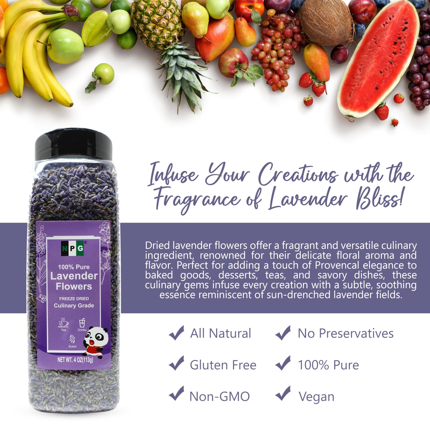 Npg Freeze Dried Lavender Flowers 4 Oz, Culinary Grade Lavender Buds For Tea, Baking, Diy Soap, Candle Making, Potpourri, Natura
