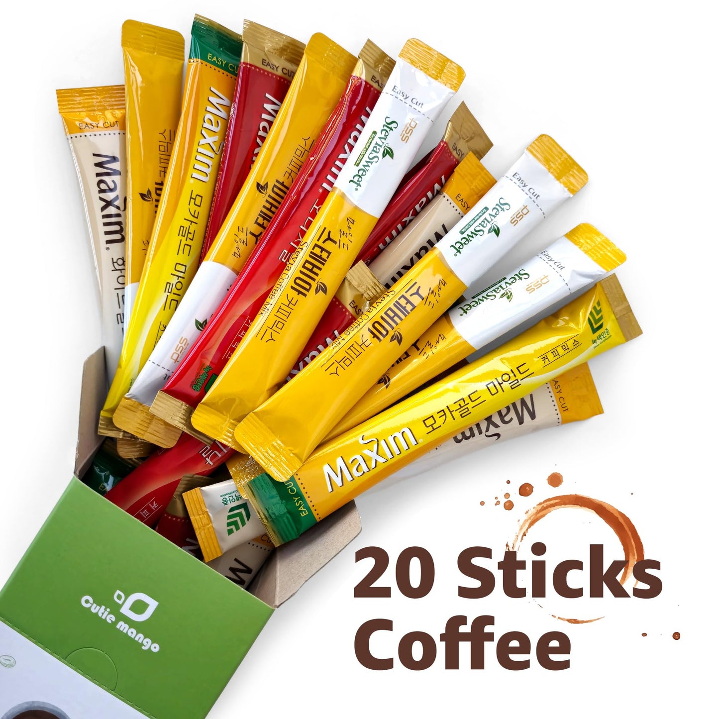 Cutie Mango Maxim & Stevia Variety 20 Sticks Premium Korean Instant Coffee Sampler White Mocha Original Zero Sugar Stevia Assort