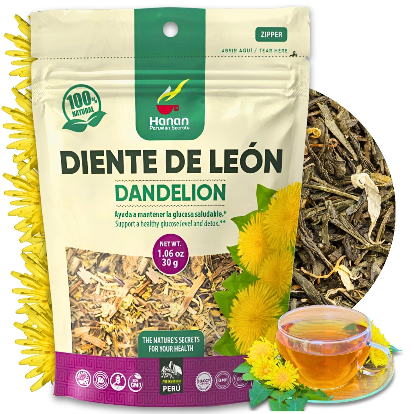 Hanan Dandelion Loose Leaf Herbal Tea - 1.1 oz (30 g) Dandelion Leaves from Peru