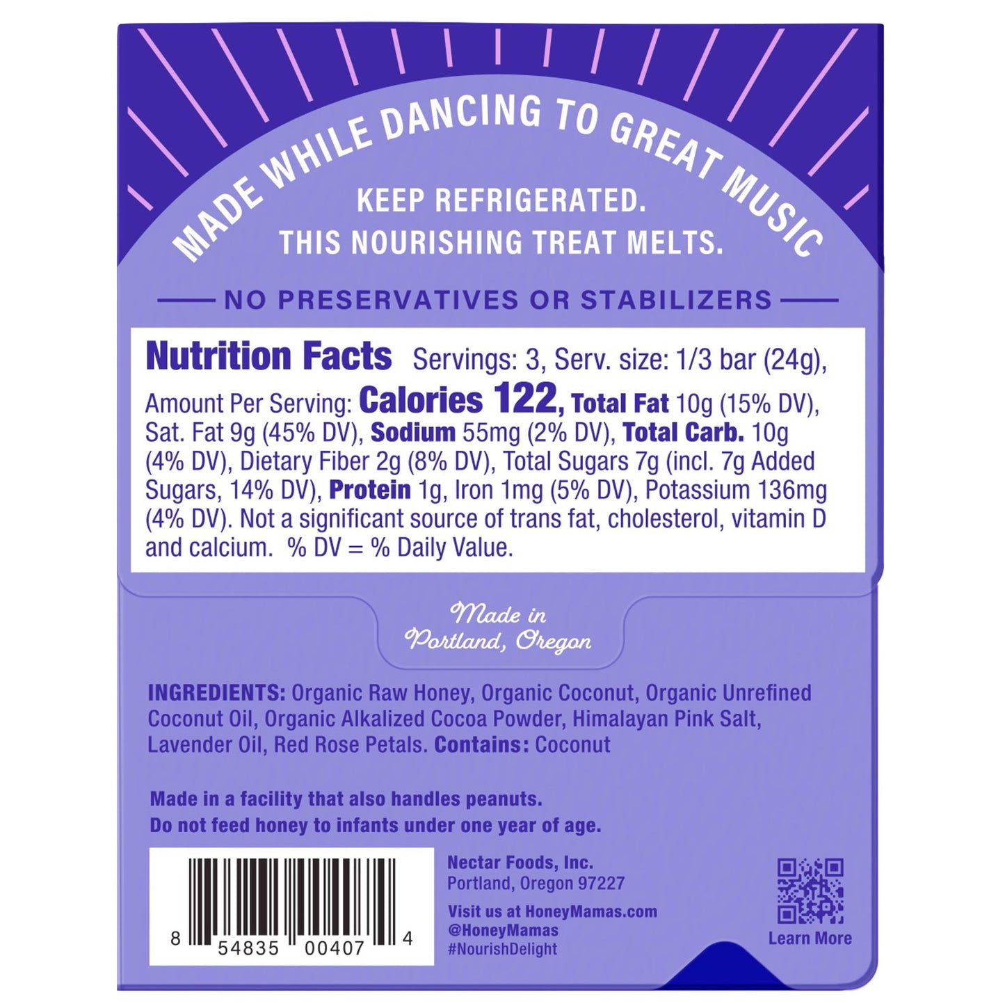 Honey Mamas Lavender Rose Cocoa Truffle Bars, No Refined Sugar, Gluten Free, Dairy Free, Paleo, 2.5 OZ, 3-Serving Bar
