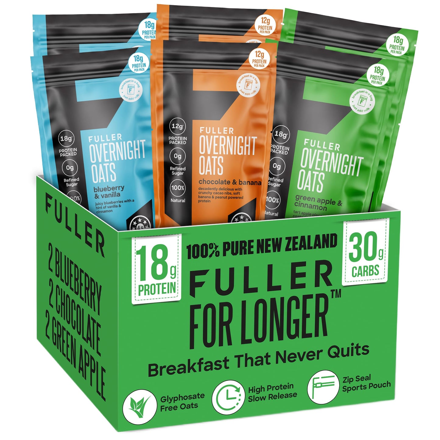 Delicious High Protein Overnight Oats - Nutritionist Designed Fuller For Longer With Low Sugar  High Fiber & Top-Grade Slow Release Casein - Ziplock Portable - Glyphosate Free Oatmeal - Grab & Go Pouch