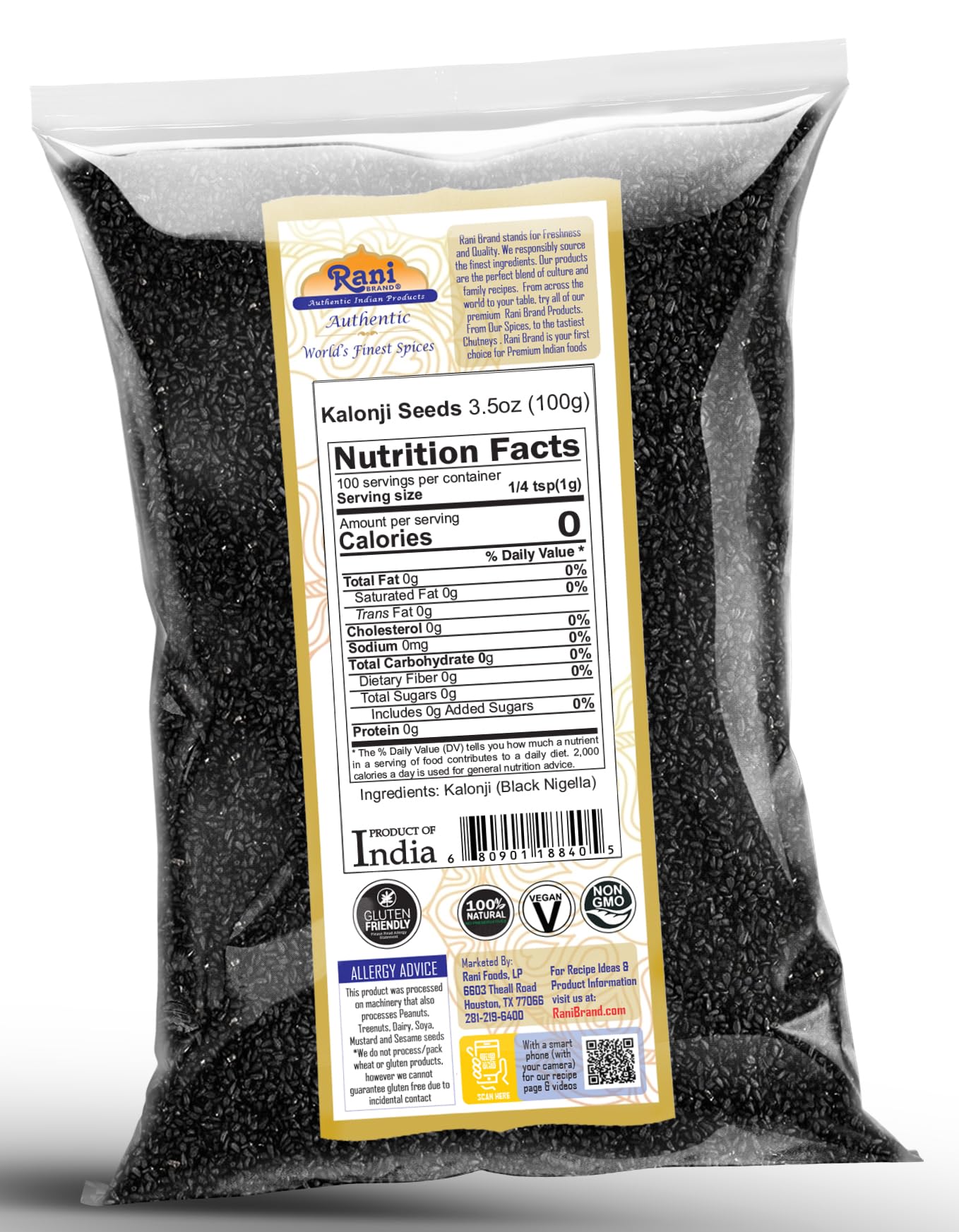 Rani Kalonji (Black Seed, Nigella Sativa, Black Cumin) Seeds 3.5Oz (100G) ~ All Natural | Gluten Friendly | Non-Gmo | Kosher | Vegan | Indian Origin