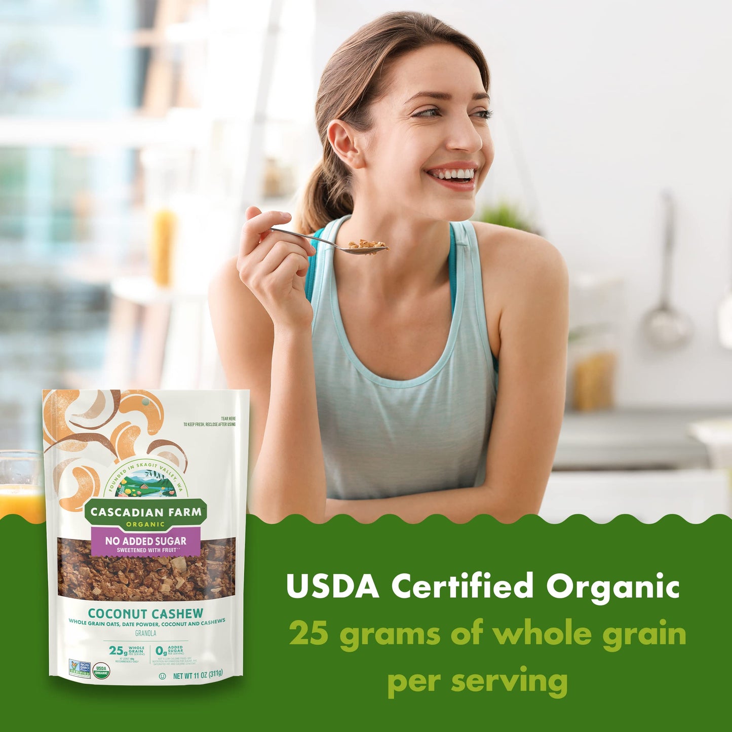 Cascadian Farm Organic Granola With No Added Sugar, Coconut Cashew Cereal, Resealable Pouch, 11 Oz.