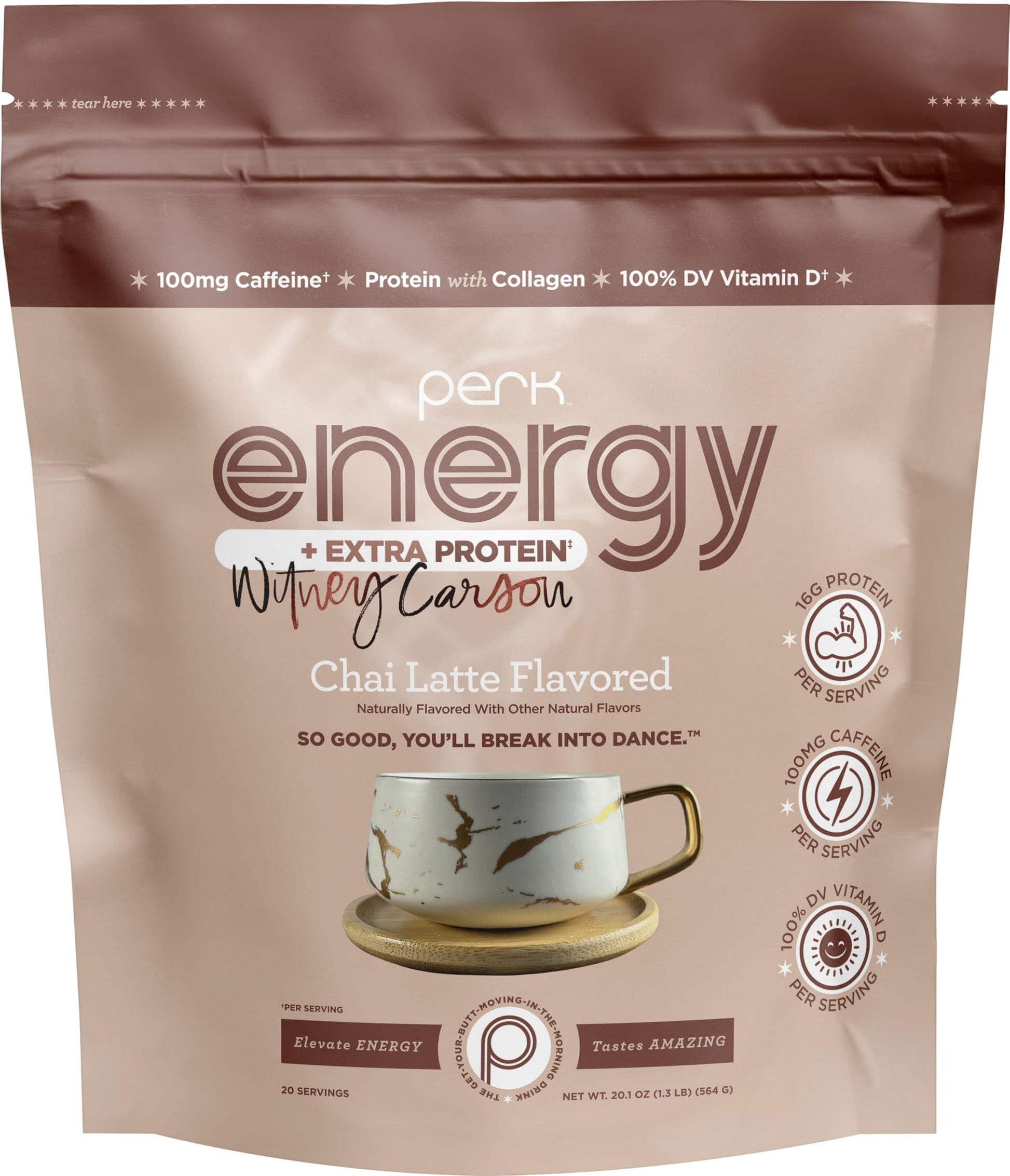 Perk Energy + Extra Protein Powder (1.3 LB) Chai Latte - Witney Carson Collaboration - 100mg of Caffeine  16g of Protein with Collagen  100% DV Vitamin D  Gluten-Free  Soy-Free  GMO-Free  20 Servings