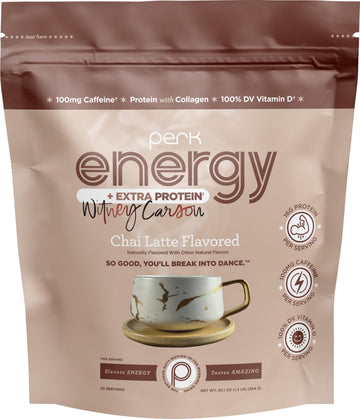 Perk Energy + Extra Protein Powder (1.3 LB) Chai Latte - Witney Carson Collaboration - 100mg of Caffeine  16g of Protein with Collagen  100% DV Vitamin D  Gluten-Free  Soy-Free  GMO-Free  20 Servings