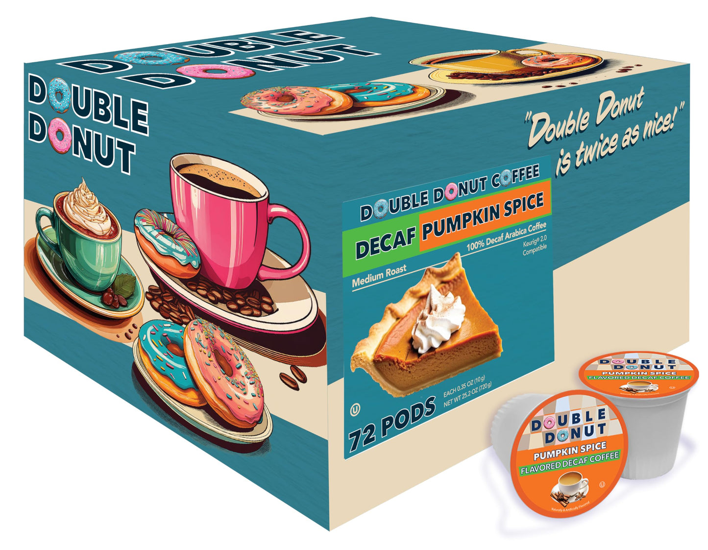 Double Donut Coffee Medium Roast Decaf Coffee Pods, Pumpkin Spice, 72 Count for Keurig K-Cup Machines