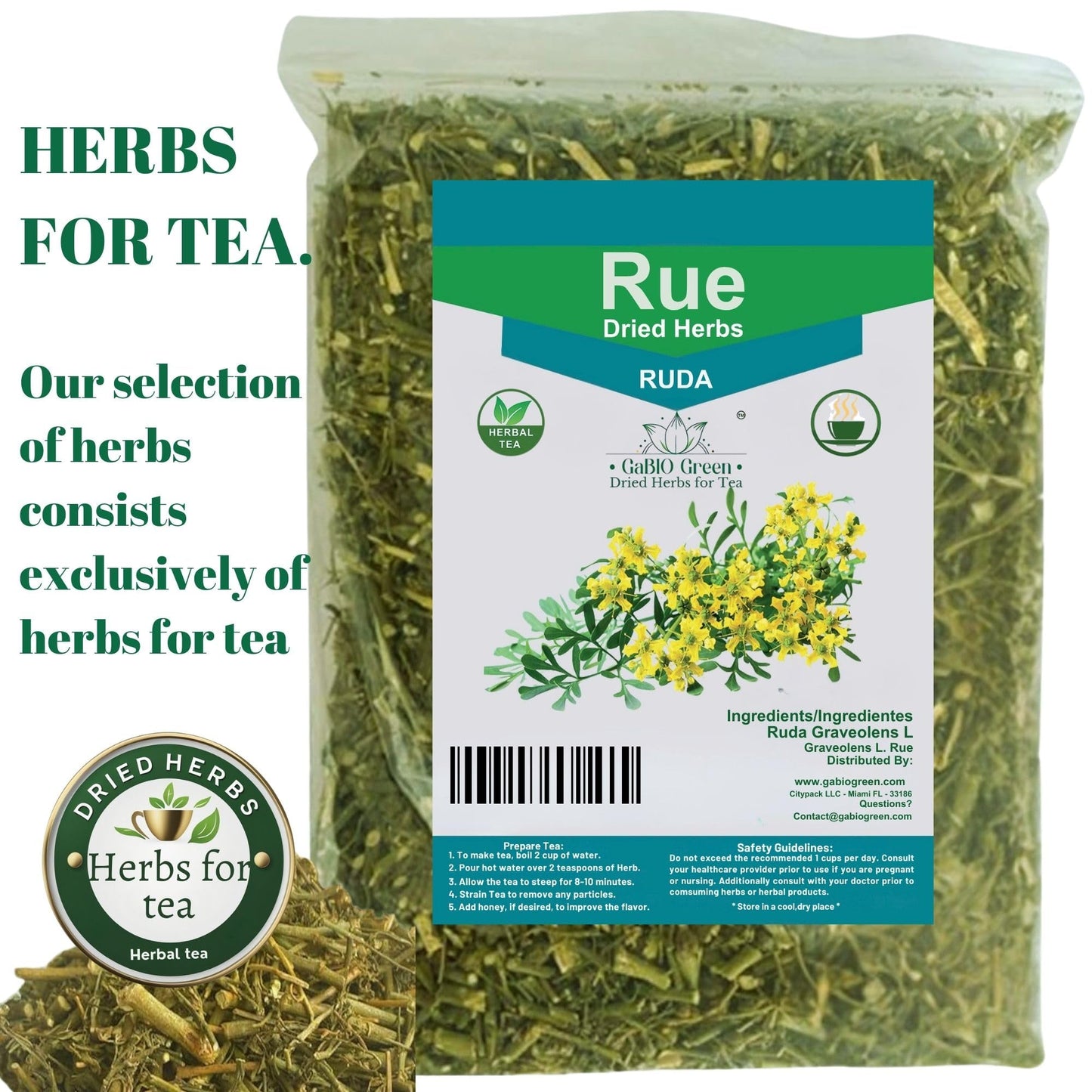 Gabio Green RUE Dried Herbs - Peruvian Ruda, Natural Tea Herbs, 4 oz Resealable Bag