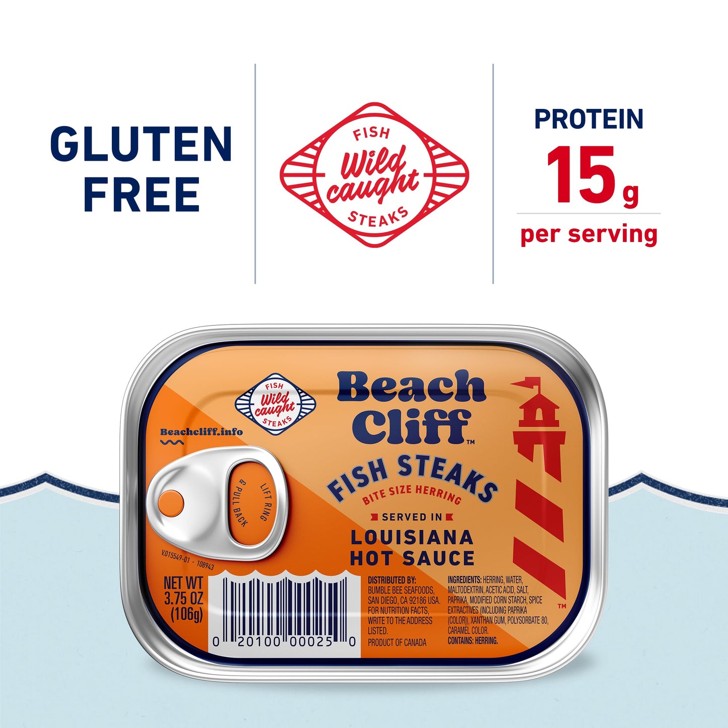 Beach Cliff Wild Caught Herring Fish Steaks in Louisiana Hot Sauce, 3.75 oz Can - 15g Protein per Serving (Pack of 5)