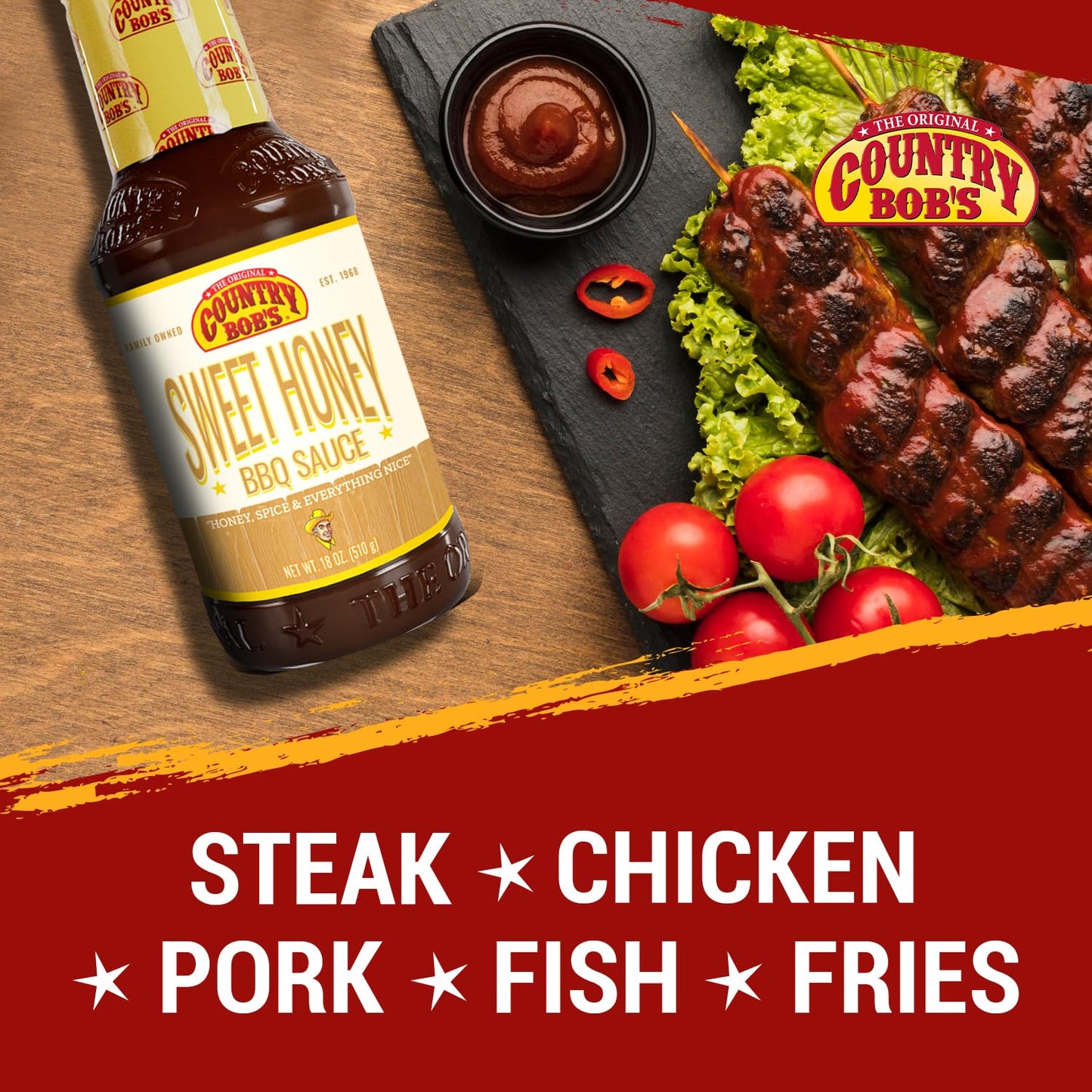 Country Bobs Sweet Honey Barbecue Sauce - Gluten Free BBQ Sauce for Meat & Fish, 18oz, Pack of 2