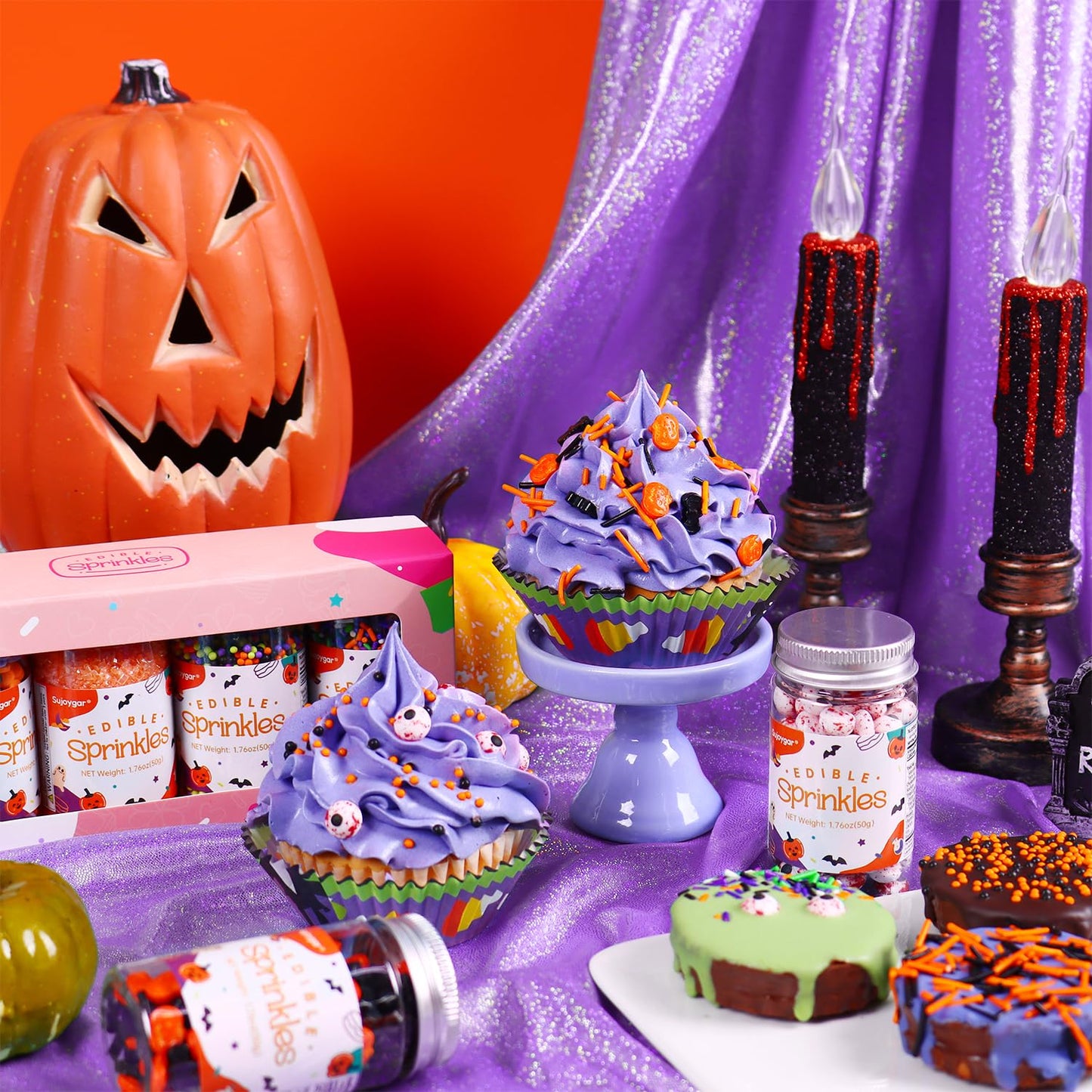 Halloween Sprinkles Set, Edible Sprinkles For Cake Decorating, Orange Sanding Sugar Jimmies Sprinkles Mix For Cupcake Toppers Co