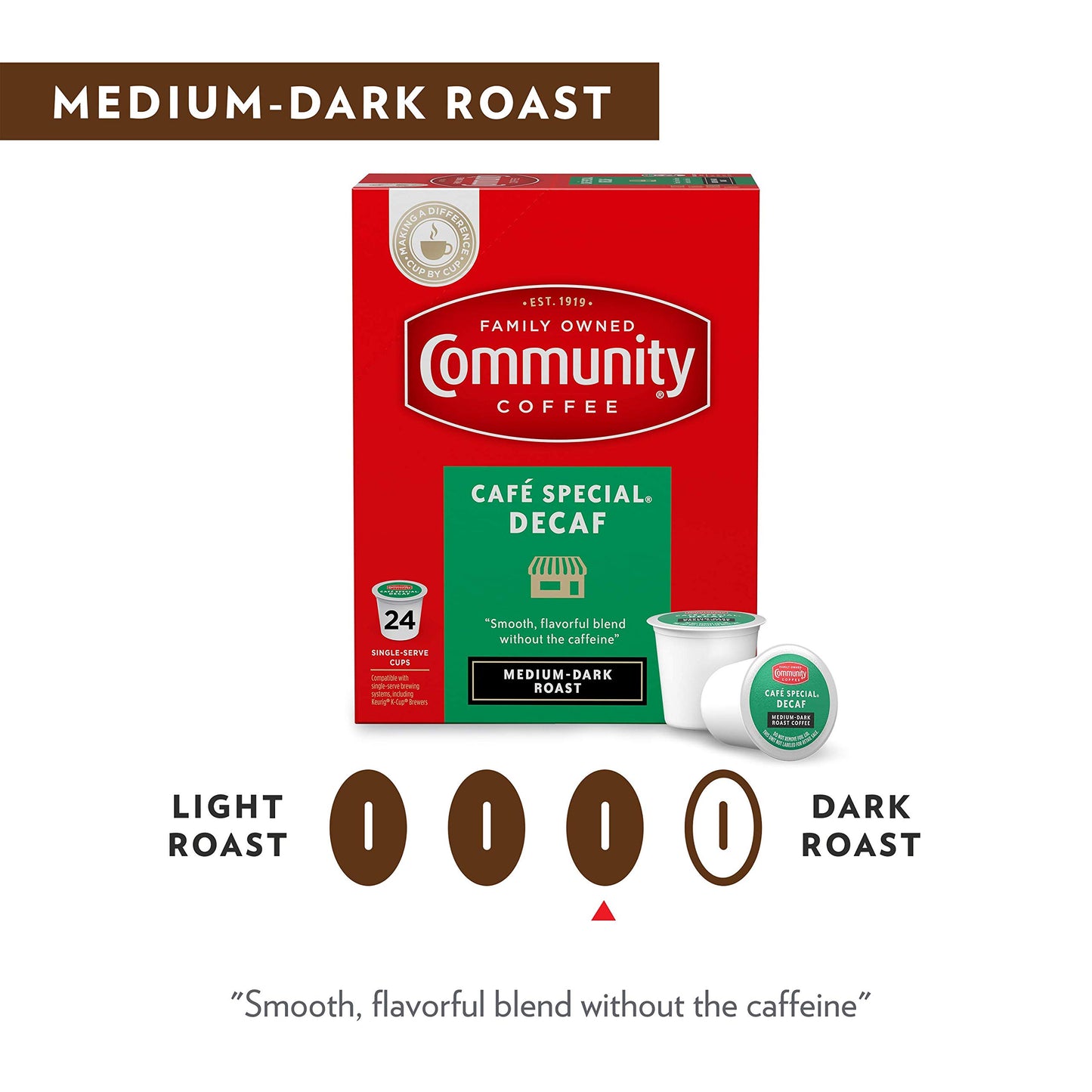 Community Coffee Café Special Decaf 12 Count Coffee Pods, Medium Dark Roast, Compatible with Keurig 2.0, Red