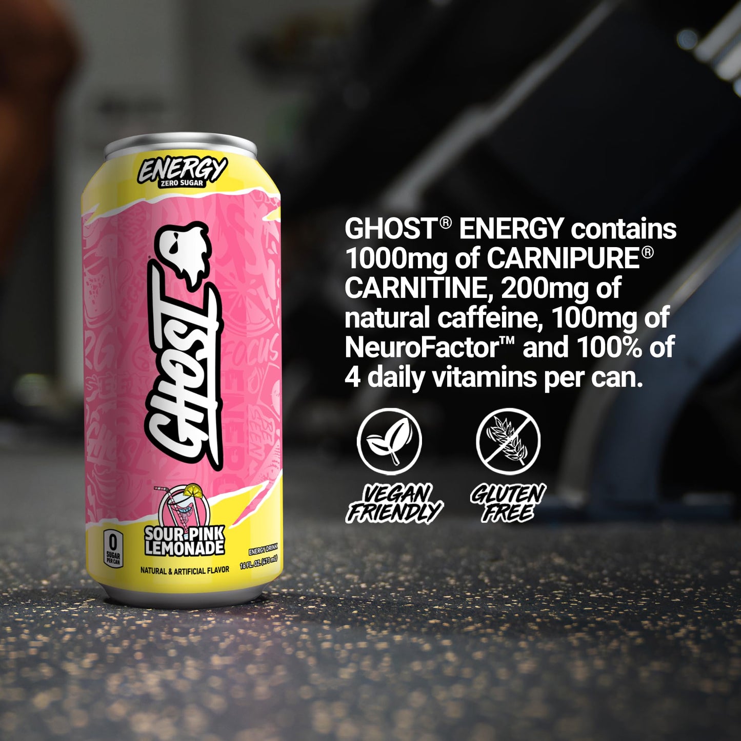 GHOST Energy Drink - Sour Pink Lemonade - 12-Pack - 16oz Cans - Gluten-Free & Vegan - 200mg Natural Caffeine