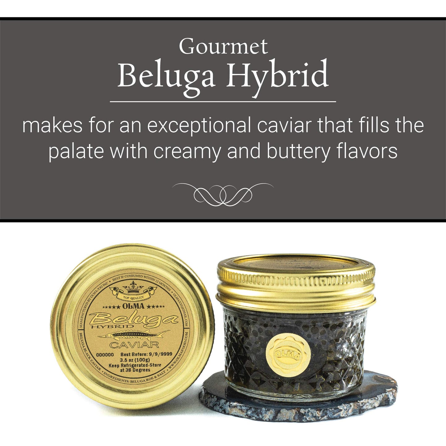 Overnight Shipping - Olma Beluga Hybrid Black Caviar From Italy - Rated Top Caviar In The World - 3.5 Oz / 100 G