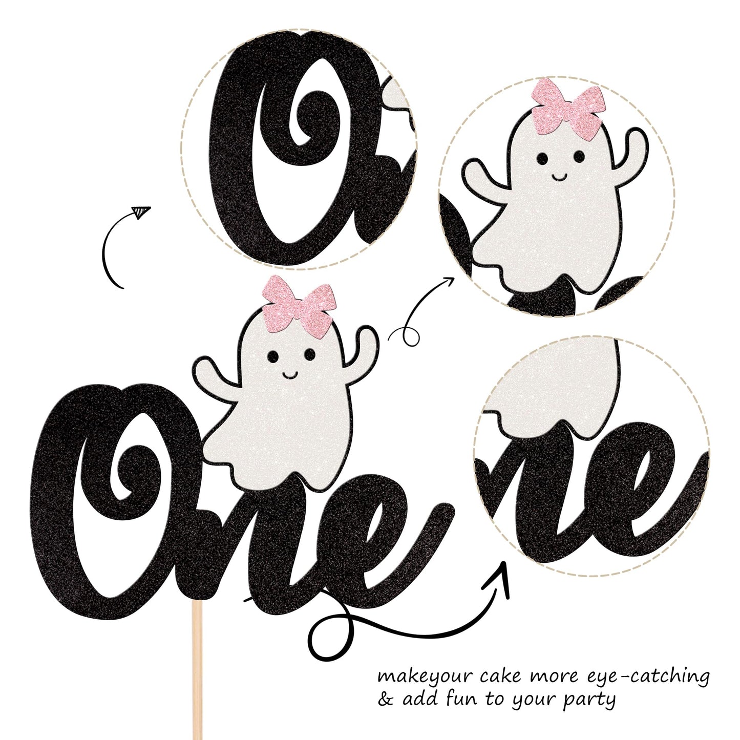 1 Pcs Halloween Ghost One Cake Topper Black And Pink Glitter Baby Ghost 1St Birthday Cake Pick The Spooky One Cake Decoration Fo