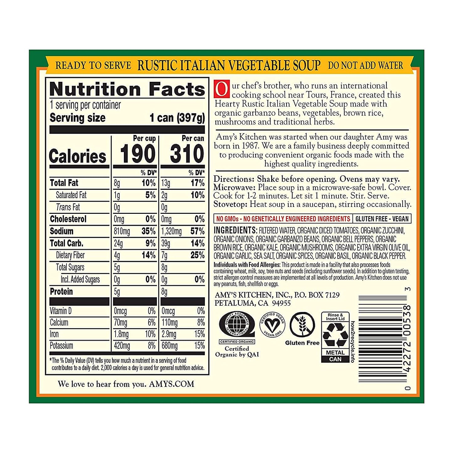 Amys Soup, Vegan Hearty Rustic Italian Vegetable Soup, Gluten Free, Made With Organic Beans and Rice, Canned Soup, 14 Oz (12 Pac