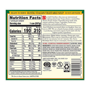 Amys Soup, Vegan Hearty Rustic Italian Vegetable Soup, Gluten Free, Made With Organic Beans and Rice, Canned Soup, 14 Oz (12 Pac