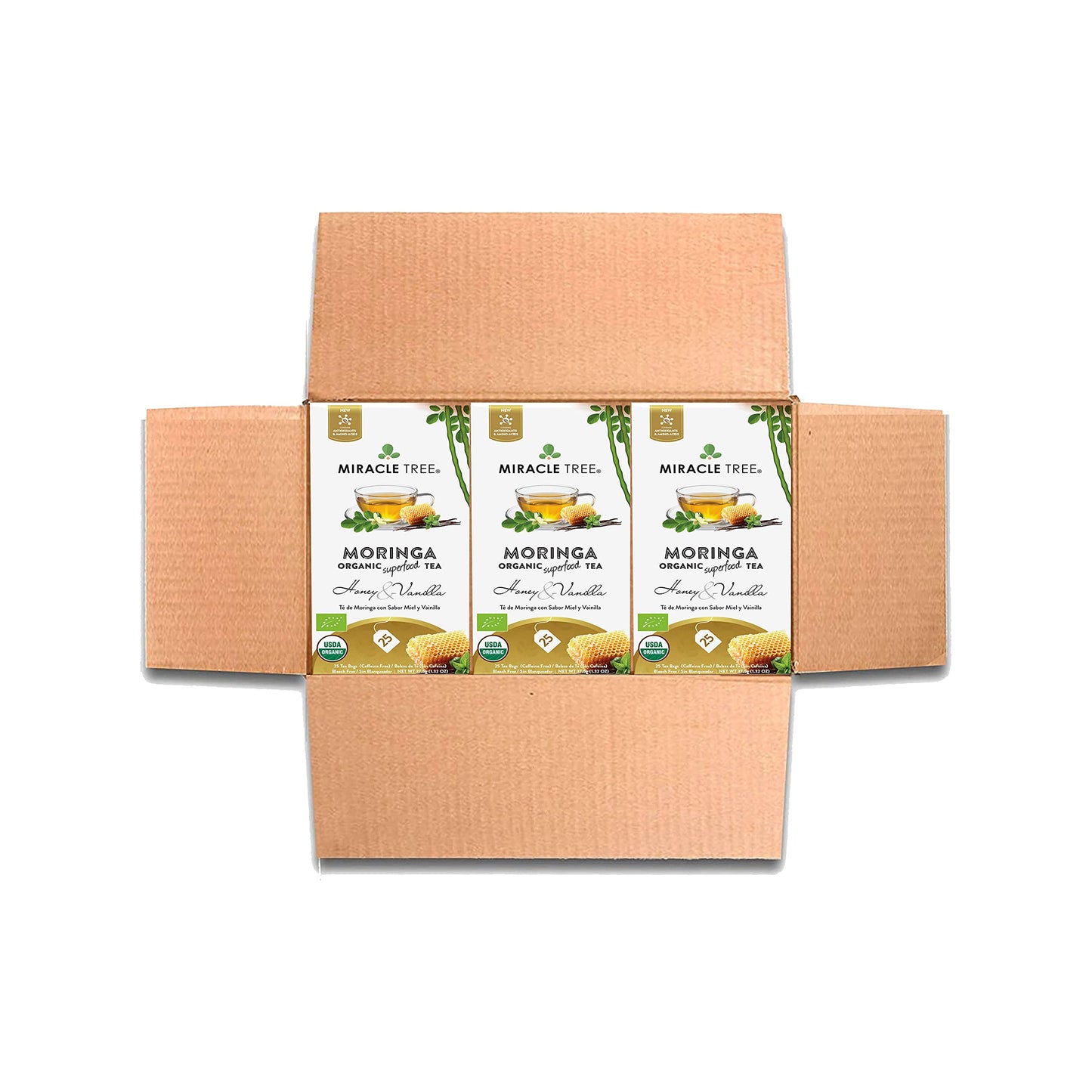 Miracle Tree Organic Moringa Superfood Tea - 25 Individually Sealed Bags, Honey & Vanilla, 3 Count Pack, Keto, Vegan, Gluten-Free