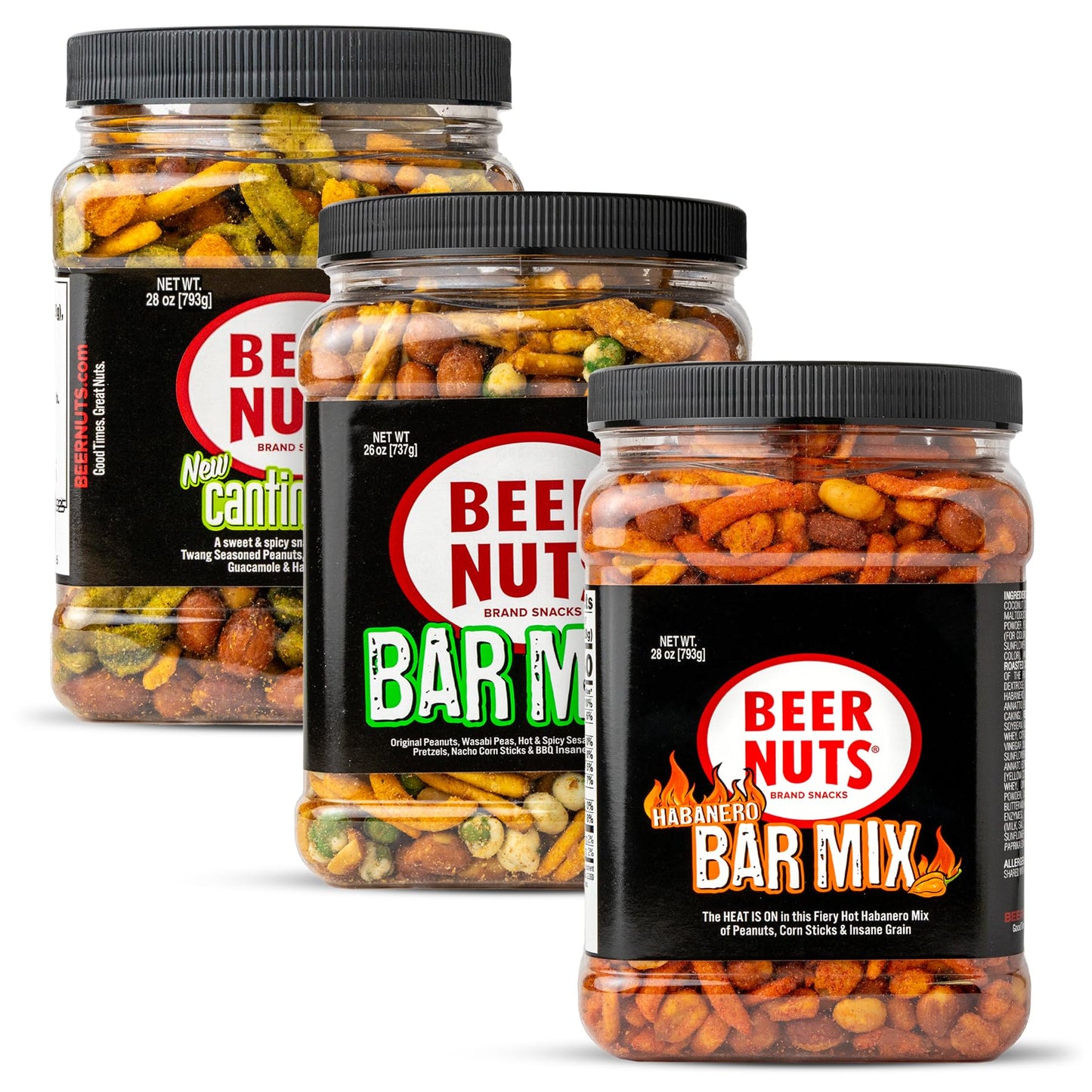 Malt Drink Nuts Variety Pack  28Oz Habanero Bar Mix  28Oz Cantina Mix With Twang  26Oz Bar Mix W/Wasabi  Snack Bulk Bundle Resealable Jars (Pack Of 3)