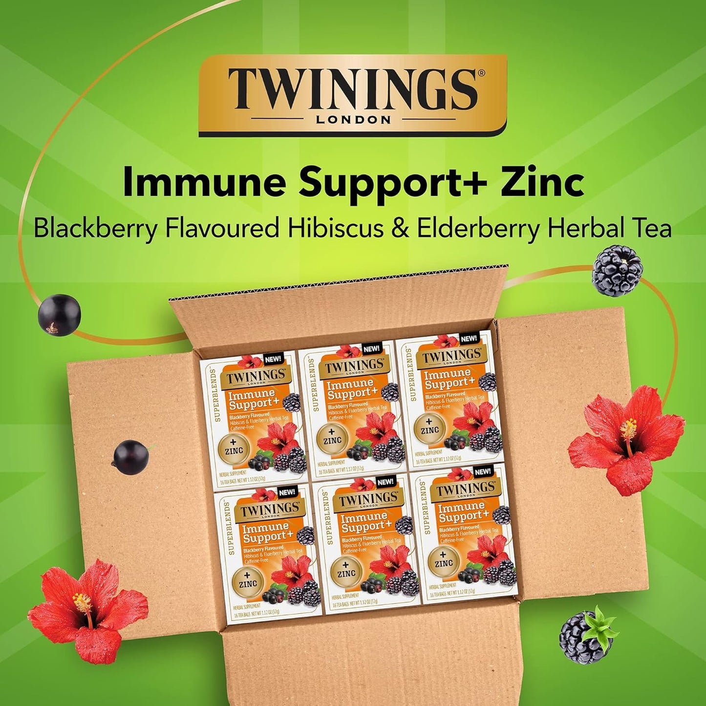 Twinings Herbal Tea - Superblends Immune Support+ Zinc, Blackberry Flavoured, Caffeine-Free, 16 Count (Pack of 6)
