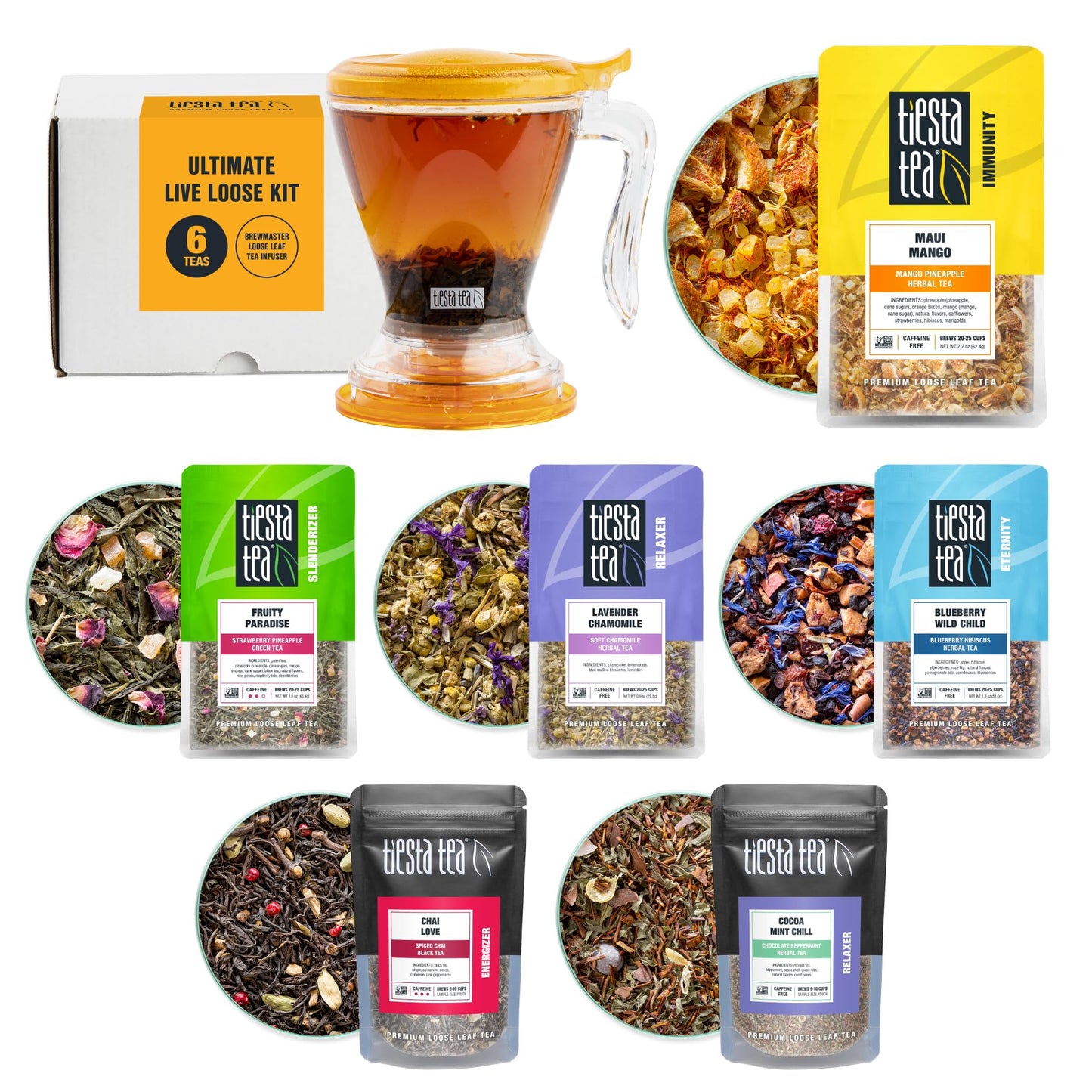 Tiesta Tea Ultimate Live Loose Kit - 8 Piece Set with Black, Green & Herbal Tea Samples, 16 oz Infuser, Brews Hot & Iced Tea
