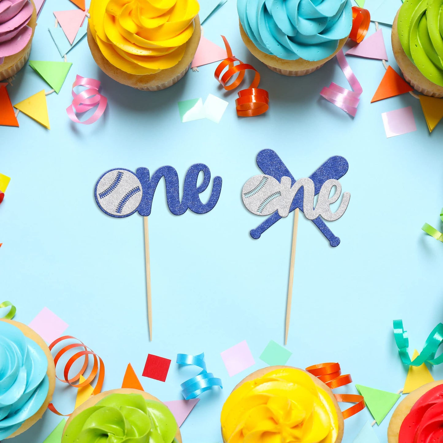 24Pcs Baseball One Cupcake Toppers Glitter Sport Theme First Birthday Cupcake Picks For Baseball Theme Kids 1St Birthday Party C