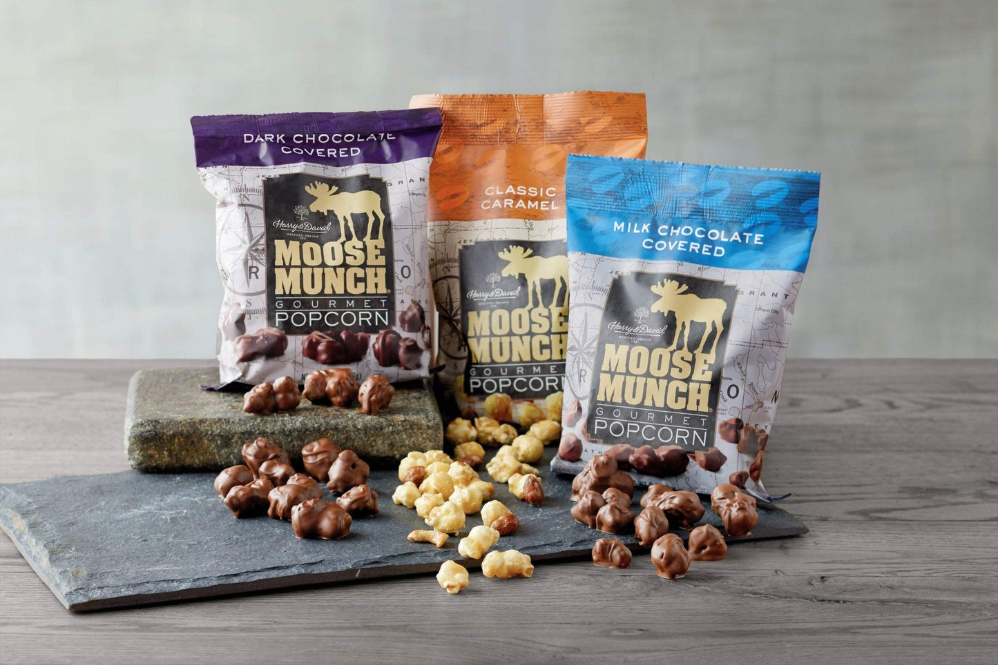 Moose Munch Premium Popcorn Trio By Harry & David, Classic Caramel, Milk And Dark Chocolate (3-Pack), Popcorn Gift Basket, Varie