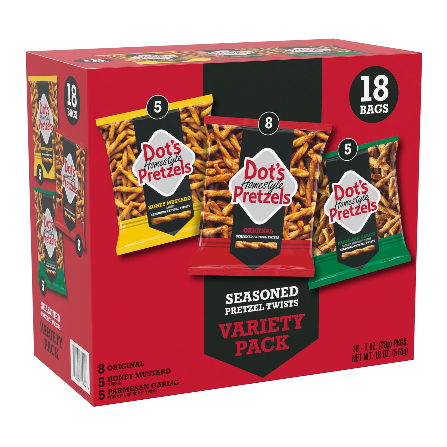 Dots Homestyle Pretzels Variety Pack - Original, Honey Mustard, Parmesan Garlic - 18 Individually Sized 1oz Bags