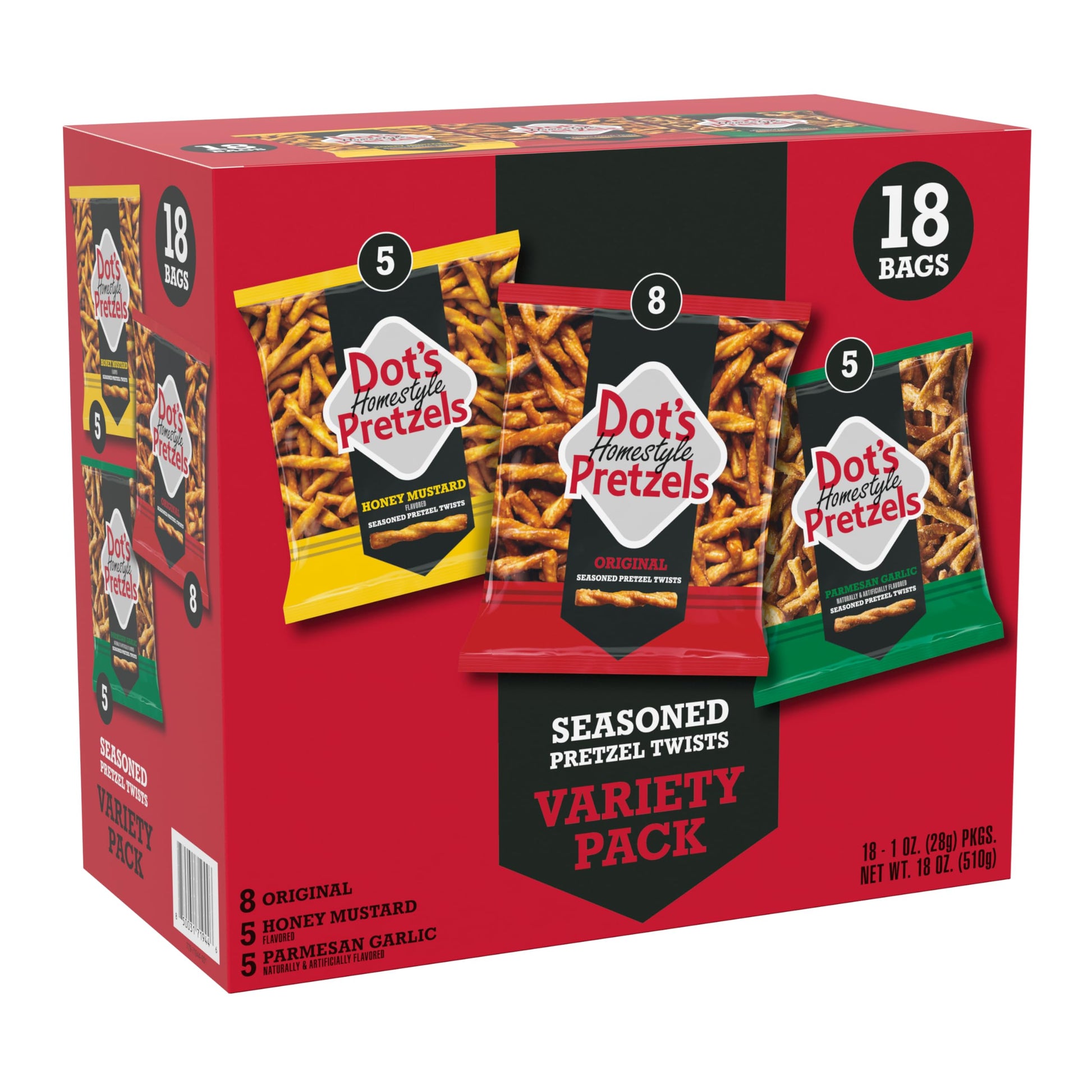 Dots Homestyle Pretzels Variety Pack - Original, Honey Mustard, Parmesan Garlic - 18 Individually Sized 1oz Bags