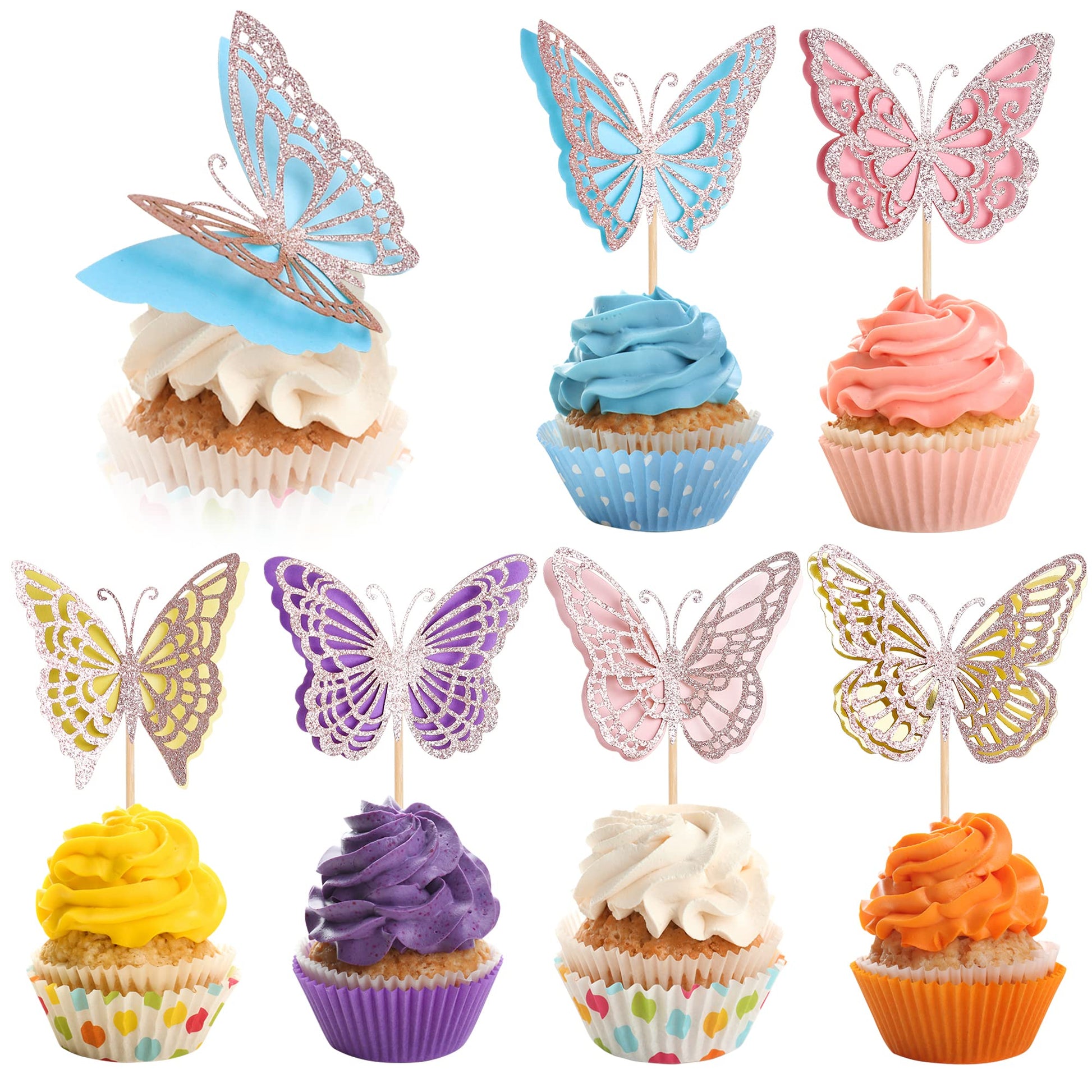 Rsstarxi Butterfly Cupcake Toppers - 24 Pack Glitter Double Layers - Baby Shower, Wedding, Birthday Party - Rose Gold