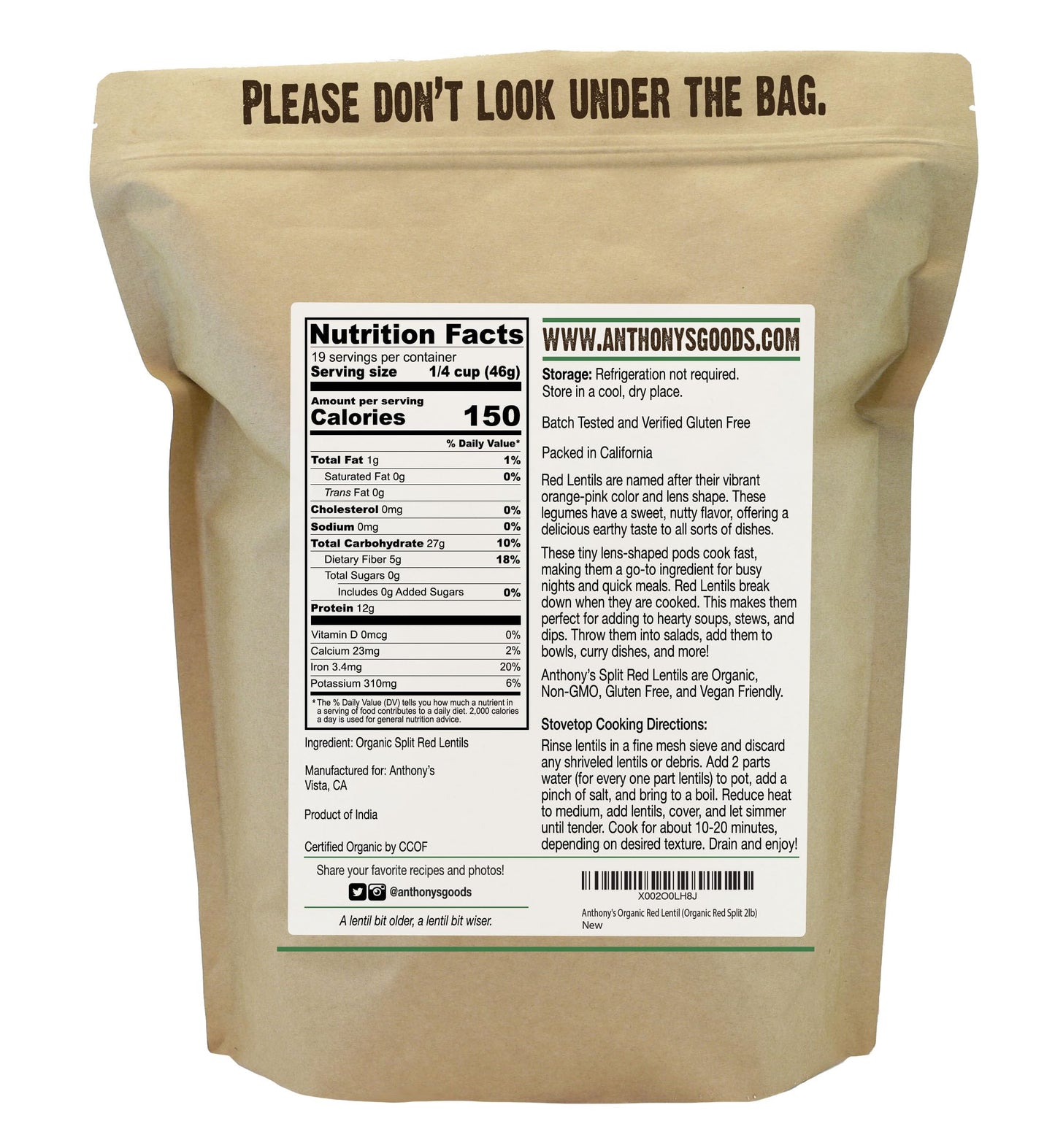 Anthonys Organic Split Red Lentils, 2 lb, Masoor Dal, Gluten Free, Non GMO, Vegan