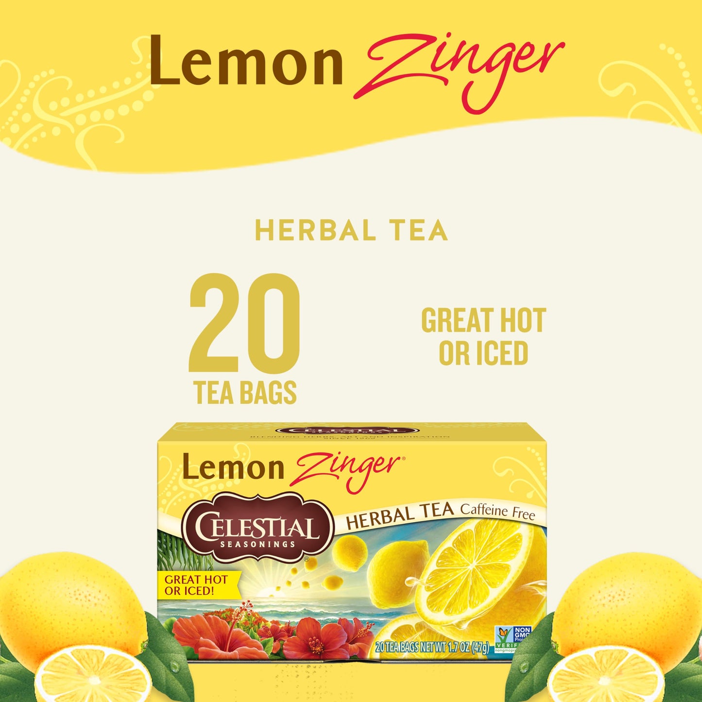 Celestial Seasonings Lemon Zinger Herbal Tea, Caffeine Free, 20 Bags, Pack of 6