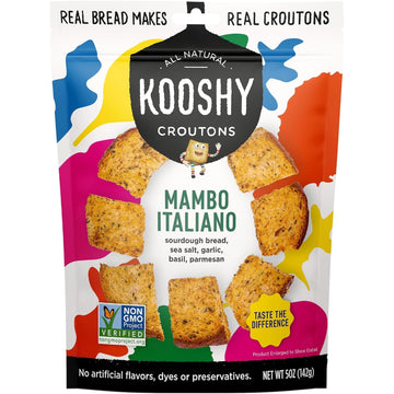Kooshy Croutons - Mambo Italiano (Sourdough Bread, Garlic, Basil, Parmesan), All Natural, Vegetarian, Non-GMO Croutons for Salad