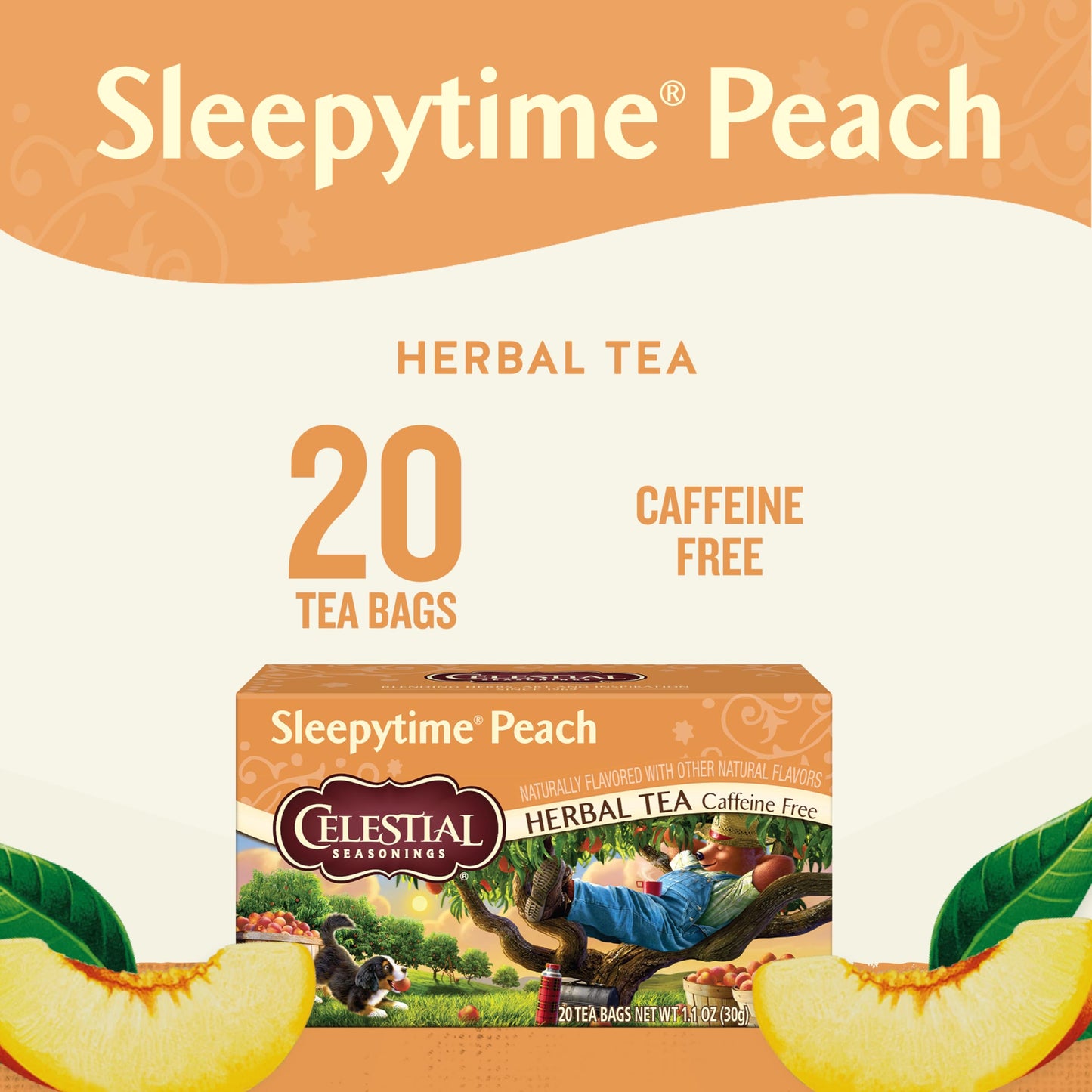 Celestial Seasonings Sleepytime Herbal Tea, Caffeine Free, Peach Flavor, 20 Bags, Pack of 6