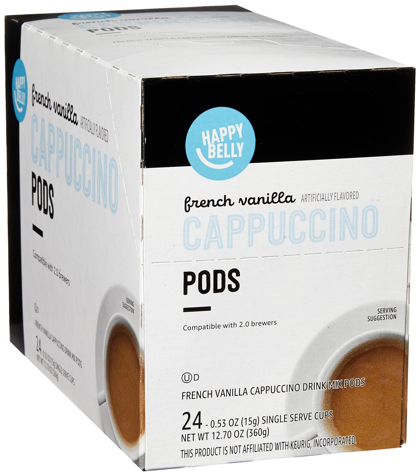 Happy Belly Cappuccino Coffee Pods, French Vanilla, Light Roast, 24 Count, 12.7 Ounce, Creamy Tan