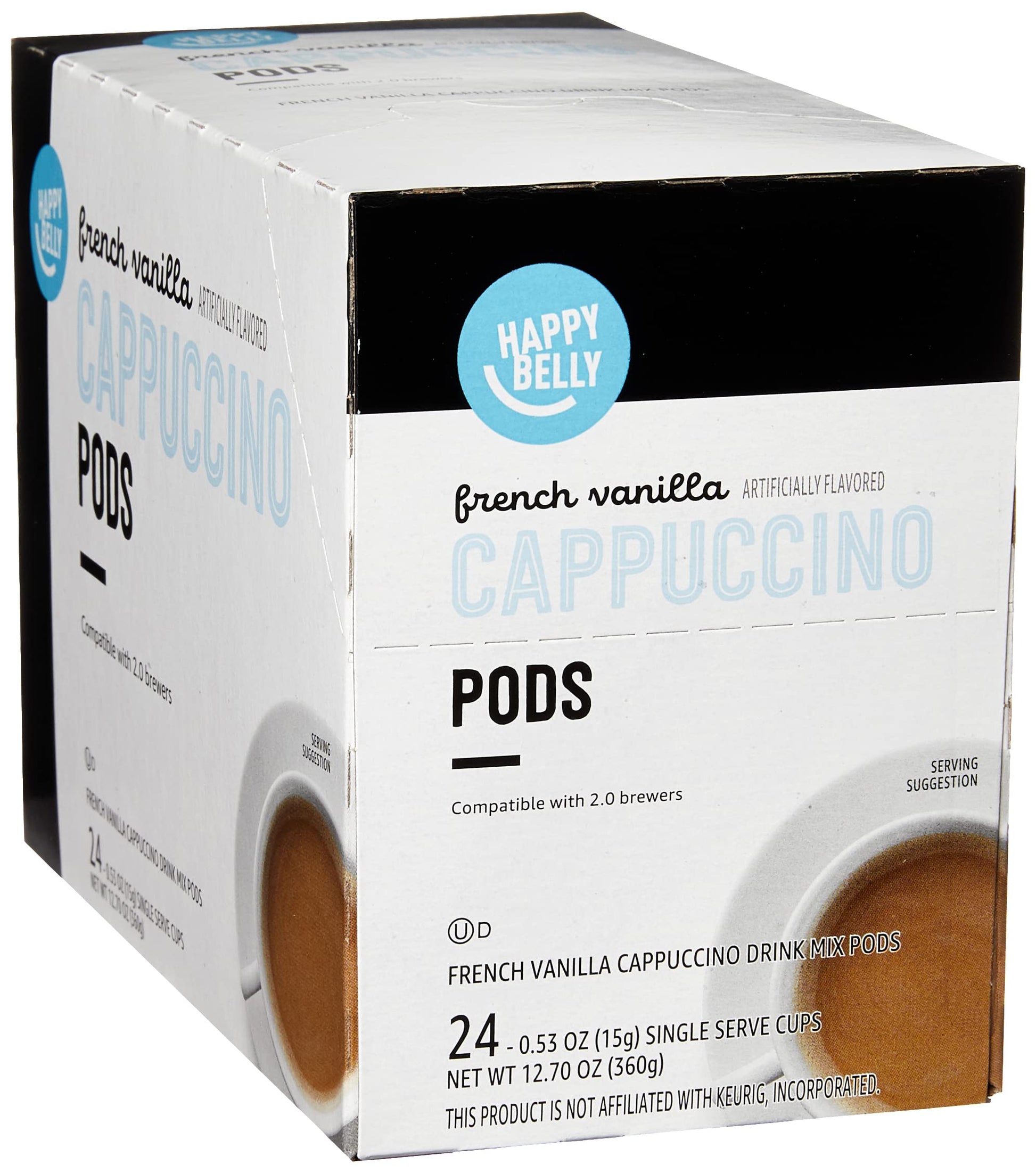 Happy Belly Cappuccino Coffee Pods, French Vanilla, Light Roast, 24 Count, 12.7 Ounce, Creamy Tan