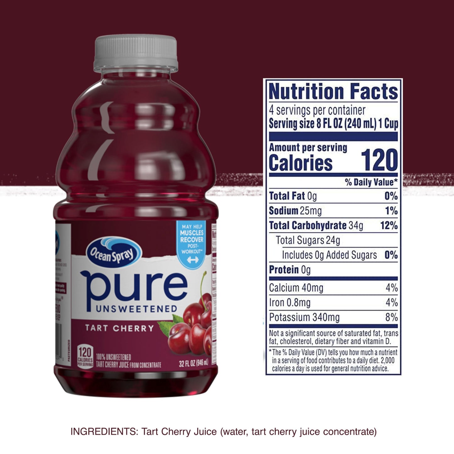 Ocean Spray Pure Unsweetened Tart Cherry, 100% Tart Cherry Juice, 32 Fl Oz Bottle