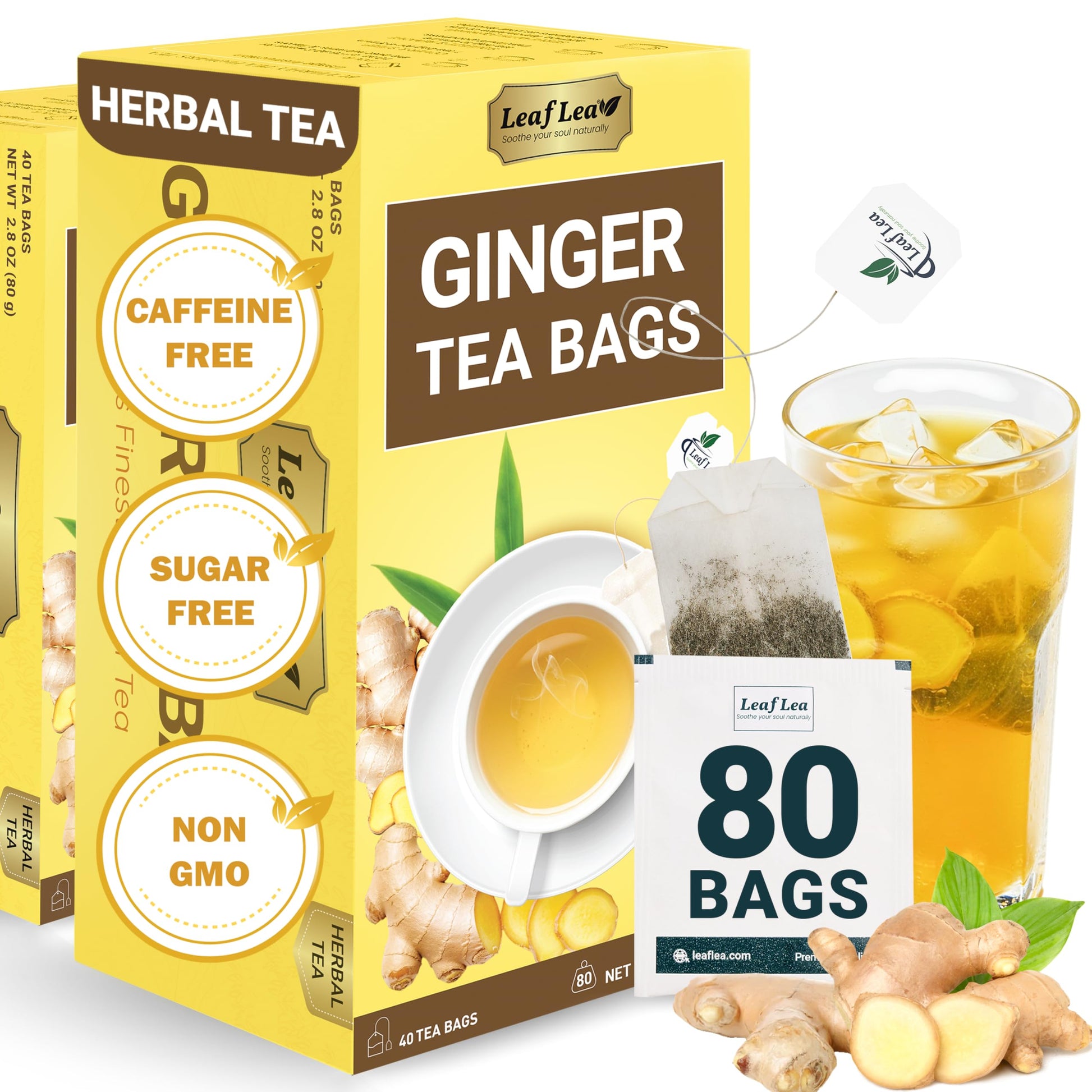 LeafLea Ginger Root Tea Bags – Spicy Herbal Tea, Non-GMO, Caffeine Free, Sugar Free, 80 Bags (Pack of 2)