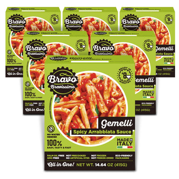 Bravo Bravissimo Gemelli Pasta Meal - Vegan-Friendly, Spicy Arrabbiata, 6 Pack, Microwaveable, Ready in Minutes