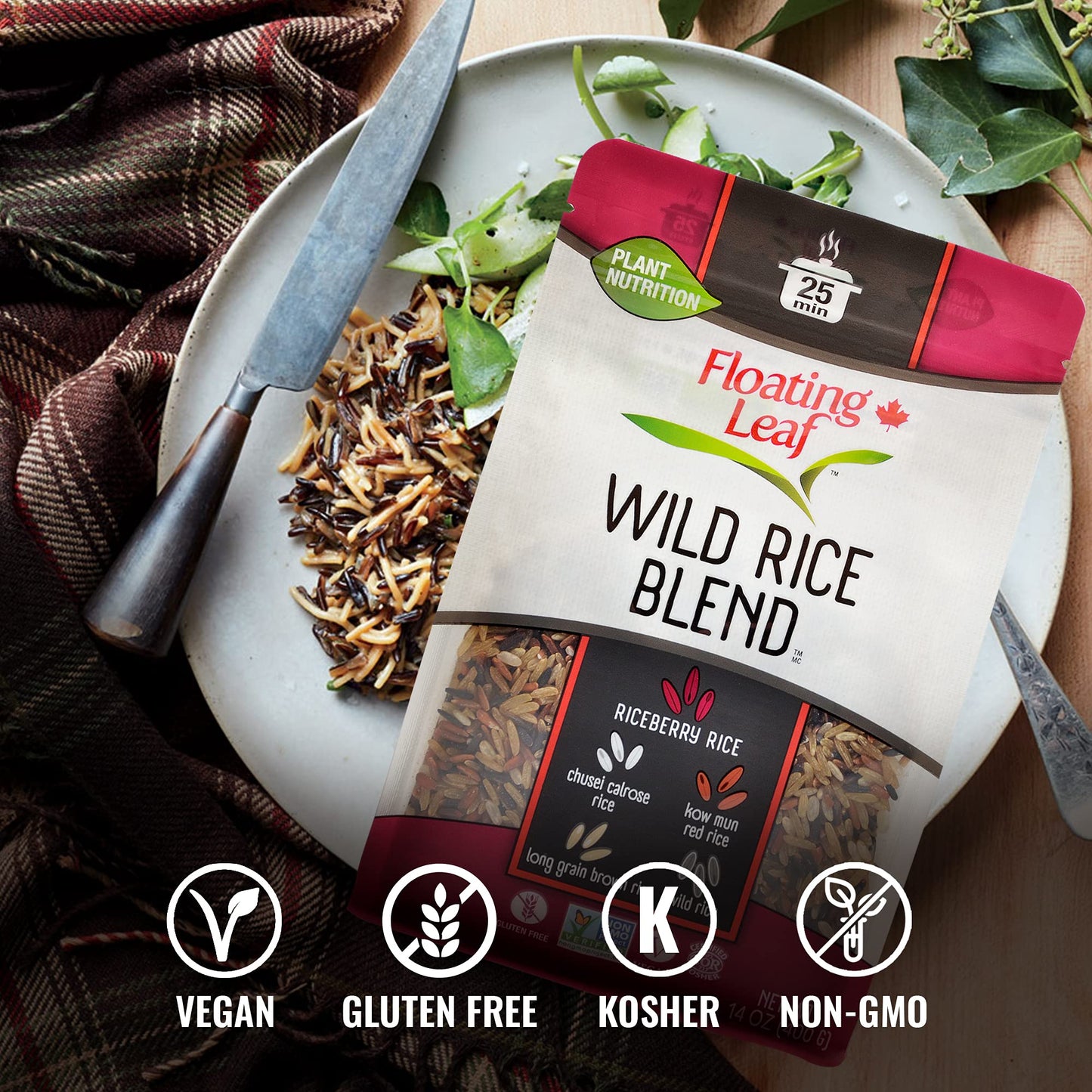 Floating Leaf Wild Rice Blend - 14 ounces, 1 count - Wild Rice Blend With Riceberry, Red Rice And Brown Rices - Gluten Free - No