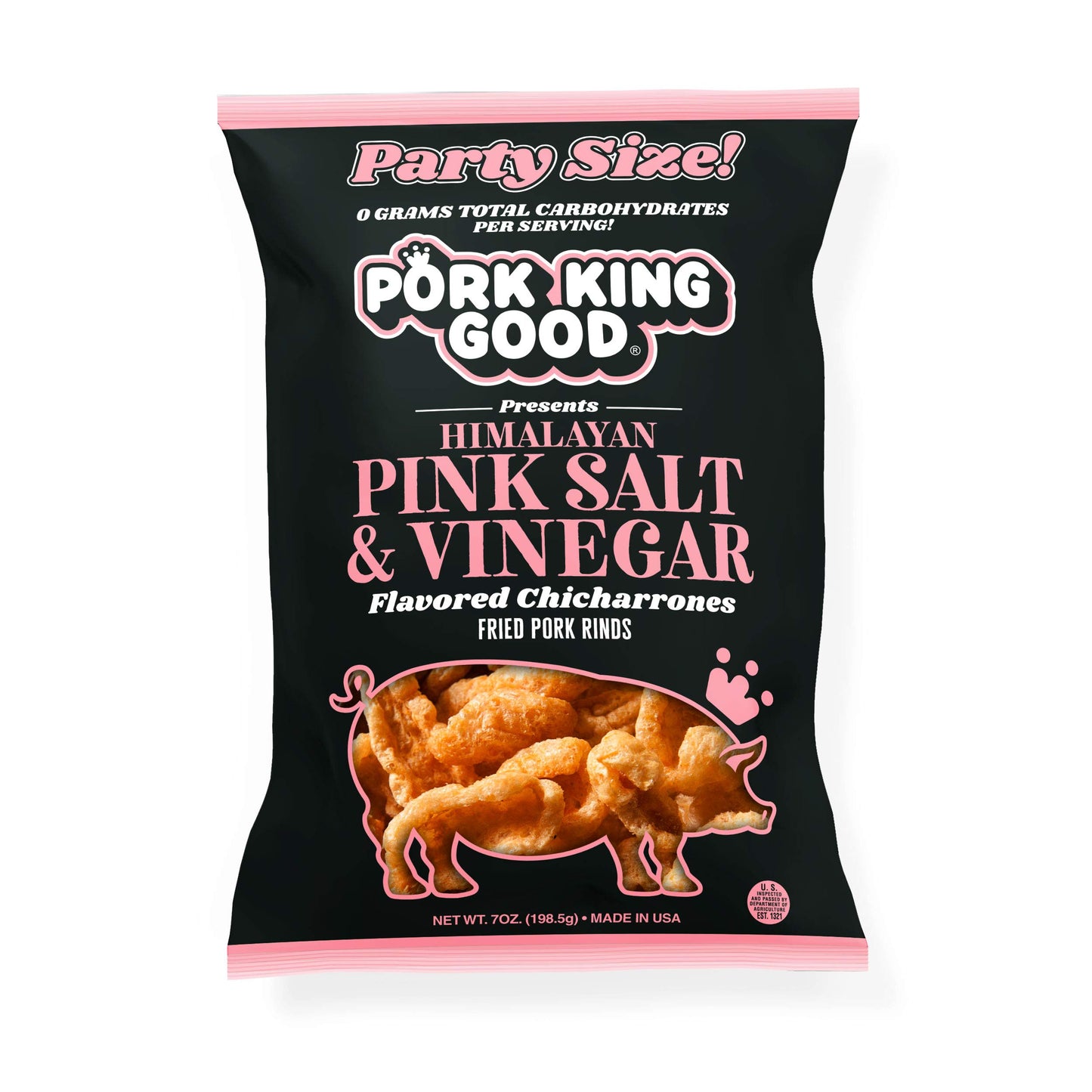 Pork King Good Pork Rinds - Himalayan Pink Salt & Vinegar, 7 OZ Family Size, Keto-Friendly Chicharrones