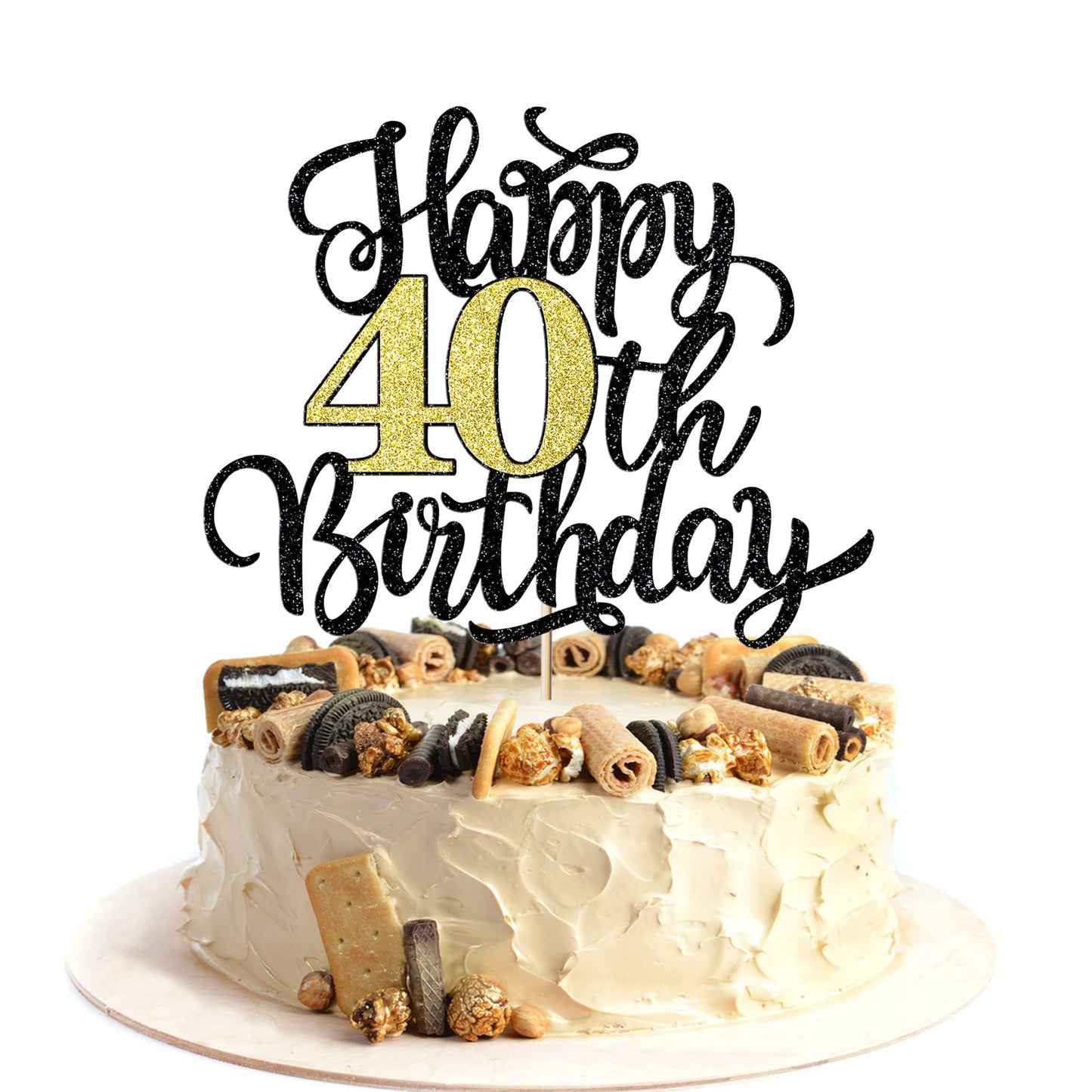 Leetaivie Happy 40Th Birthday Cake Topper, Black Gold Glitter Birthday Cake Topper, 40Th Anniversary/ 40Th Birthday Party Decora