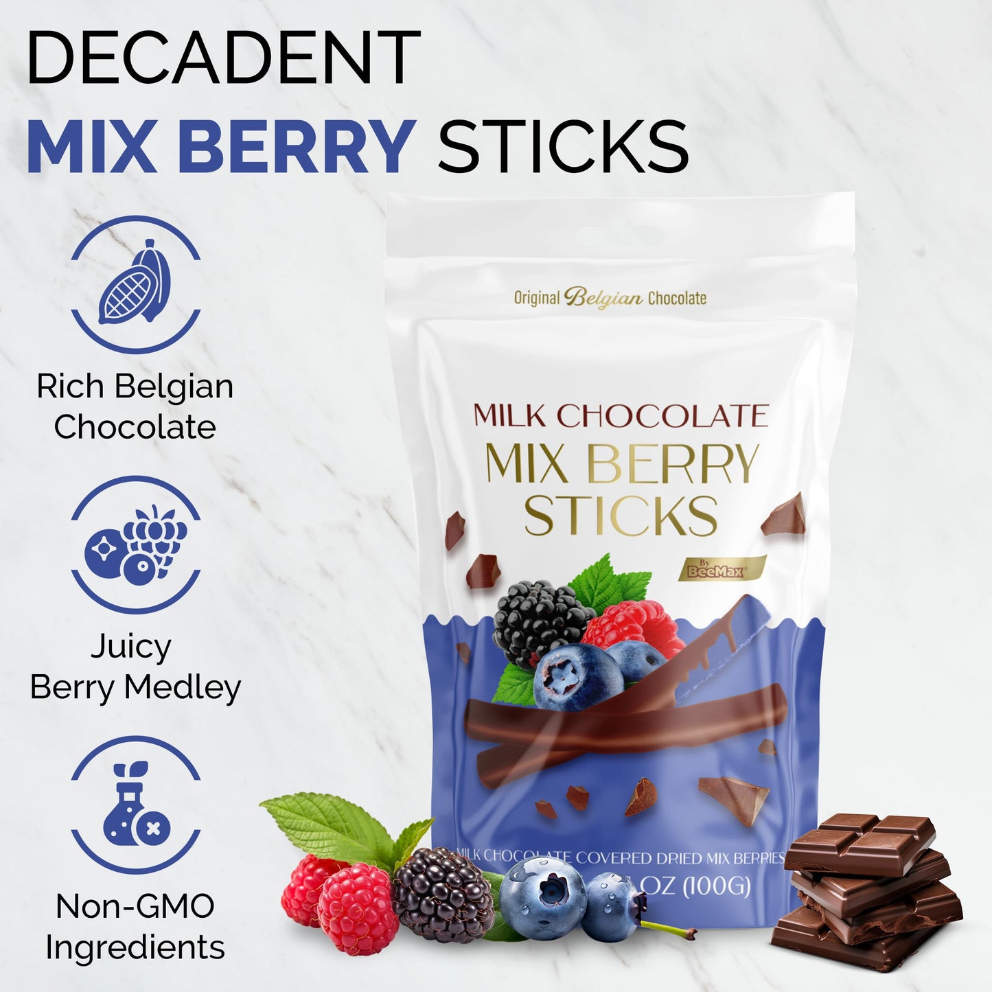 BEEMAX Belgian Chocolate Covered Fruit Sticks, Milk Chocolate, Gourmet Dried Fruit, 3.5 oz Resealable Pouch, Non-GMO