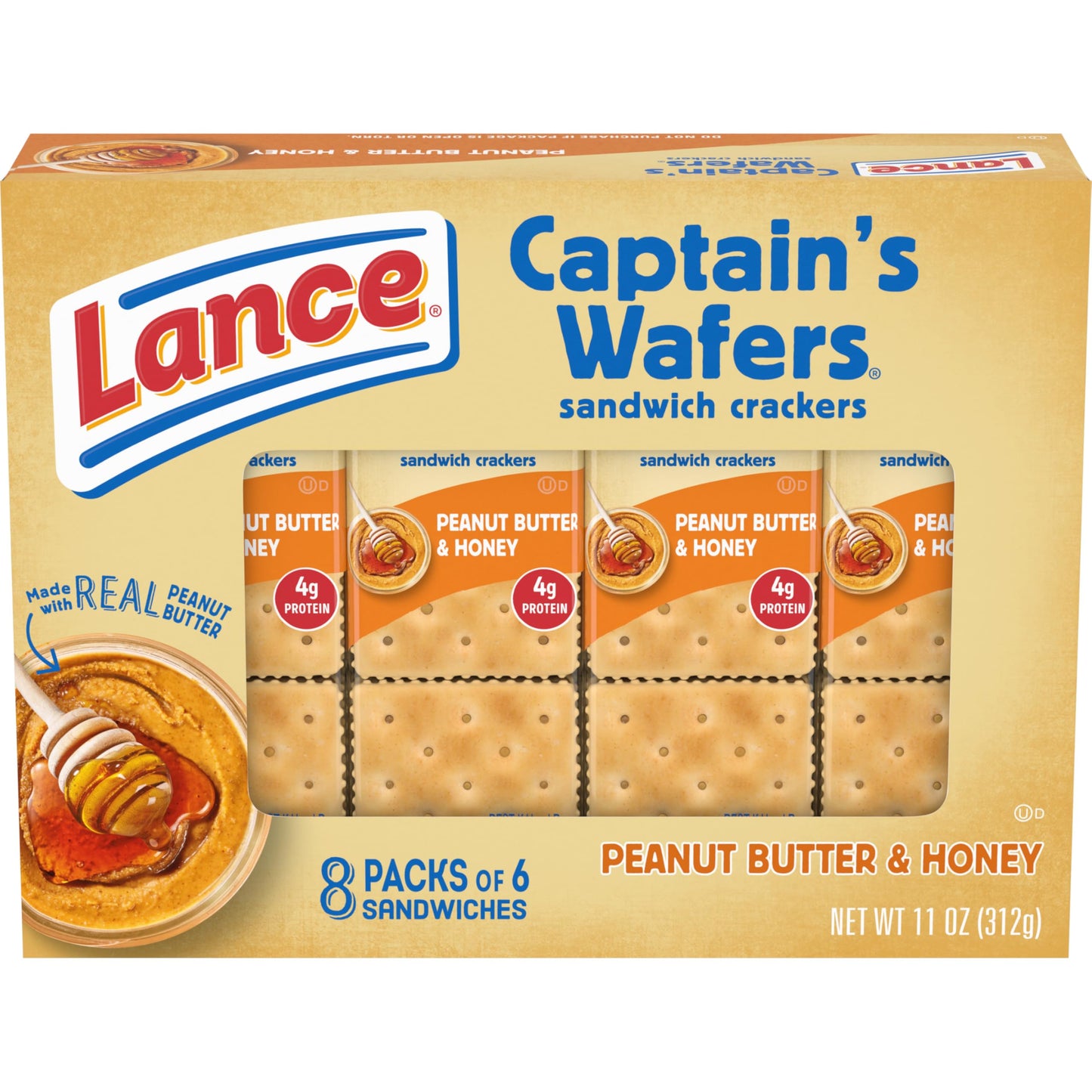Lance Sandwich Crackers, Captains Wafers Peanut Butter and Honey, 8 Packs, 6 Sandwiches Each