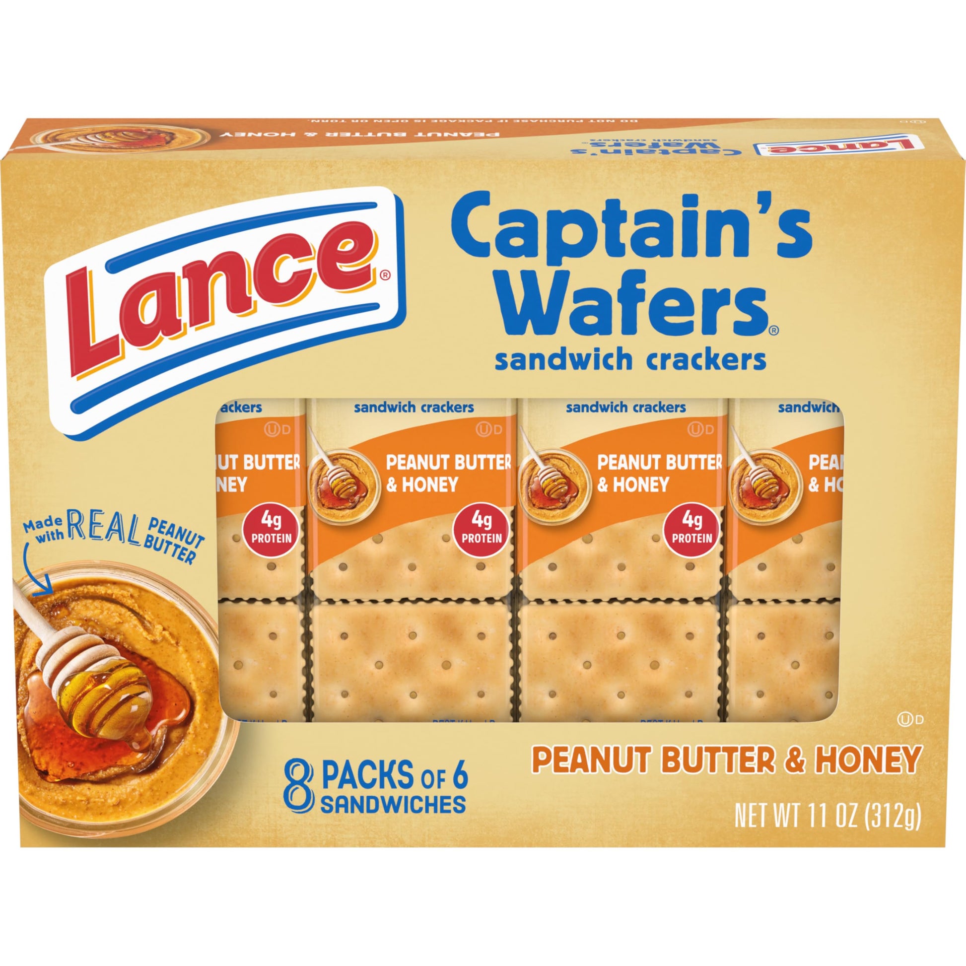 Lance Sandwich Crackers, Captains Wafers Peanut Butter and Honey, 8 Packs, 6 Sandwiches Each