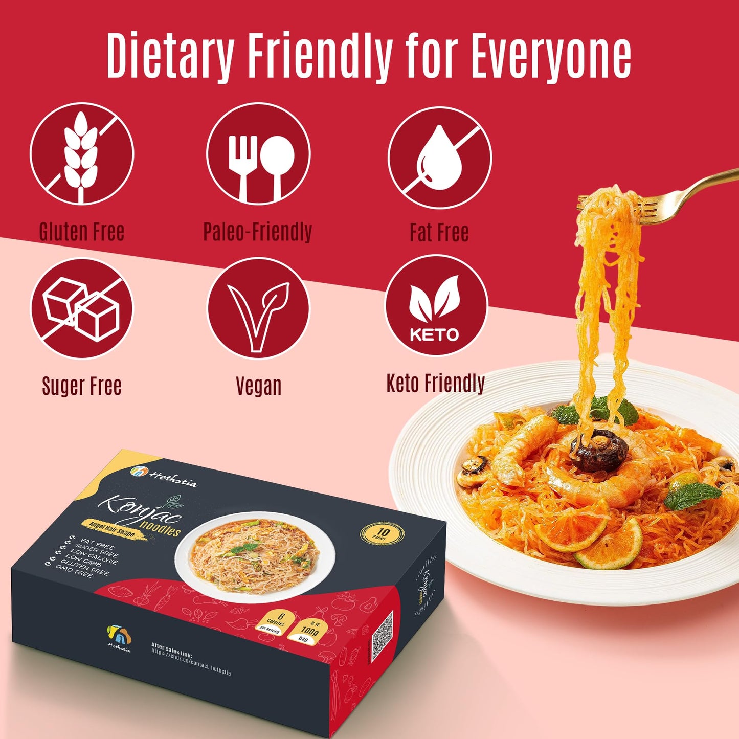 Hethstia Konjac Noodle - Ready-To-Eat Shirataki Angel Hair, Low Carb, Low Calorie, Keto, Vegan, Gluten-Free Asian Ramen, Sugar-F