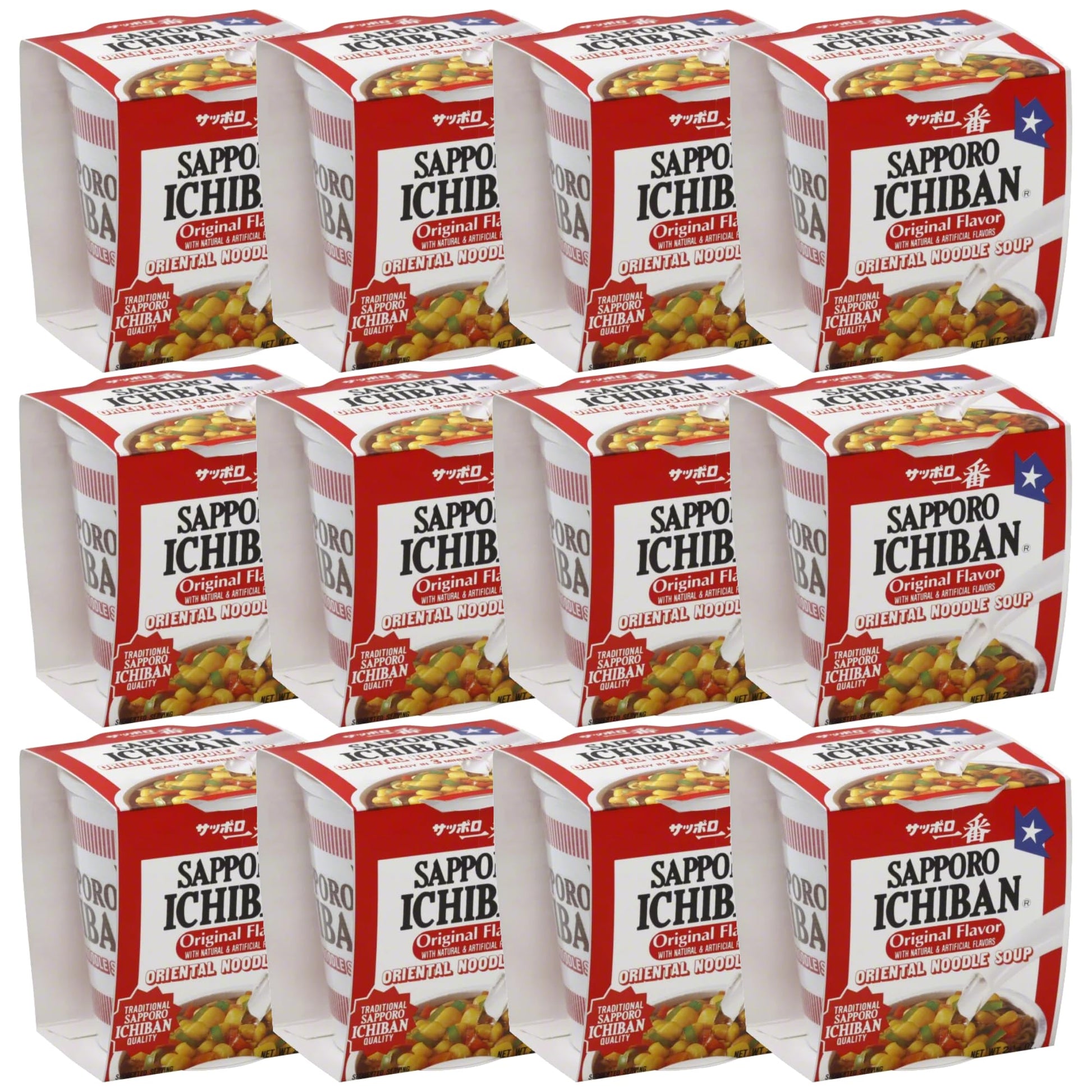 Sapporo Ichiban Oriental Ramen Noodle Soup Cup, Original Soy Sauce Flavor, No.1 Tasting Japanese Instant Noodles (2.25 Ounce/12 