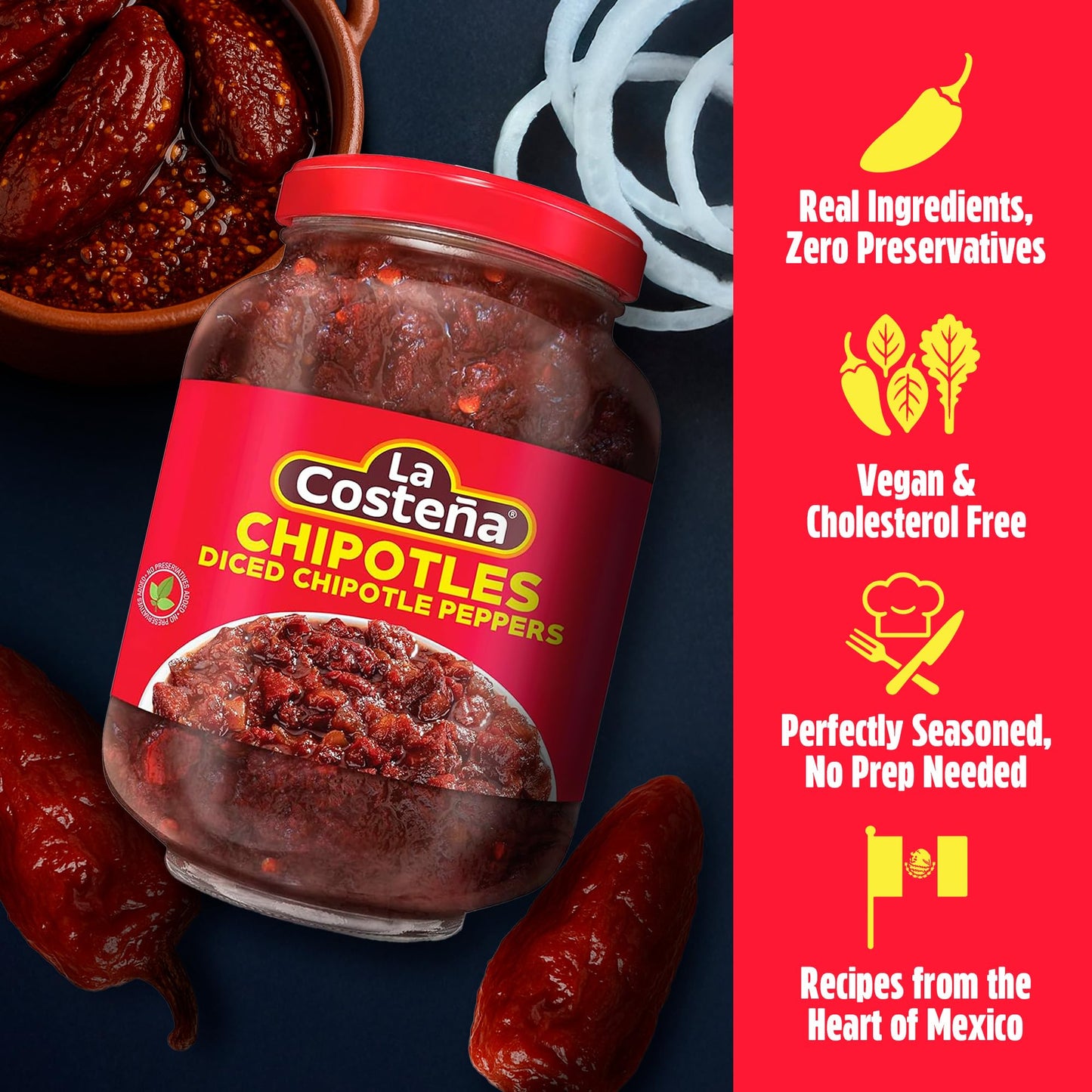 La Costea Chipotle Peppers - Spicy Smoked Diced Peppers for Chipotle Sauce  Adobo Sauce  Mexican Food  Taco  Enchiladas & Salsa - Pickled Vegetables - Diced Chilis - 8.11oz  12 Pack Jarred Vegetables